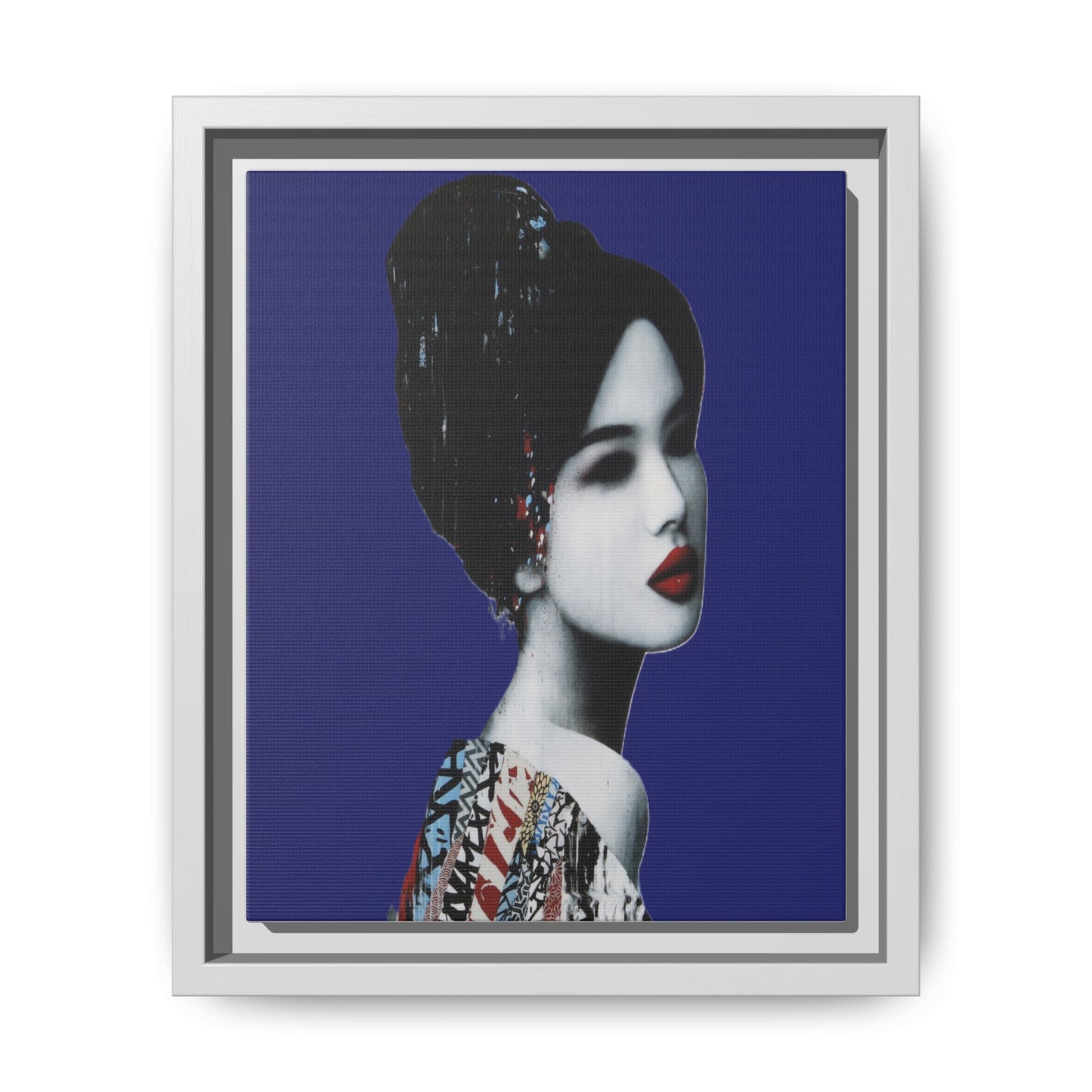 Framed Matte Canvas Art — Elegant Geisha Portrait on Deep Blue