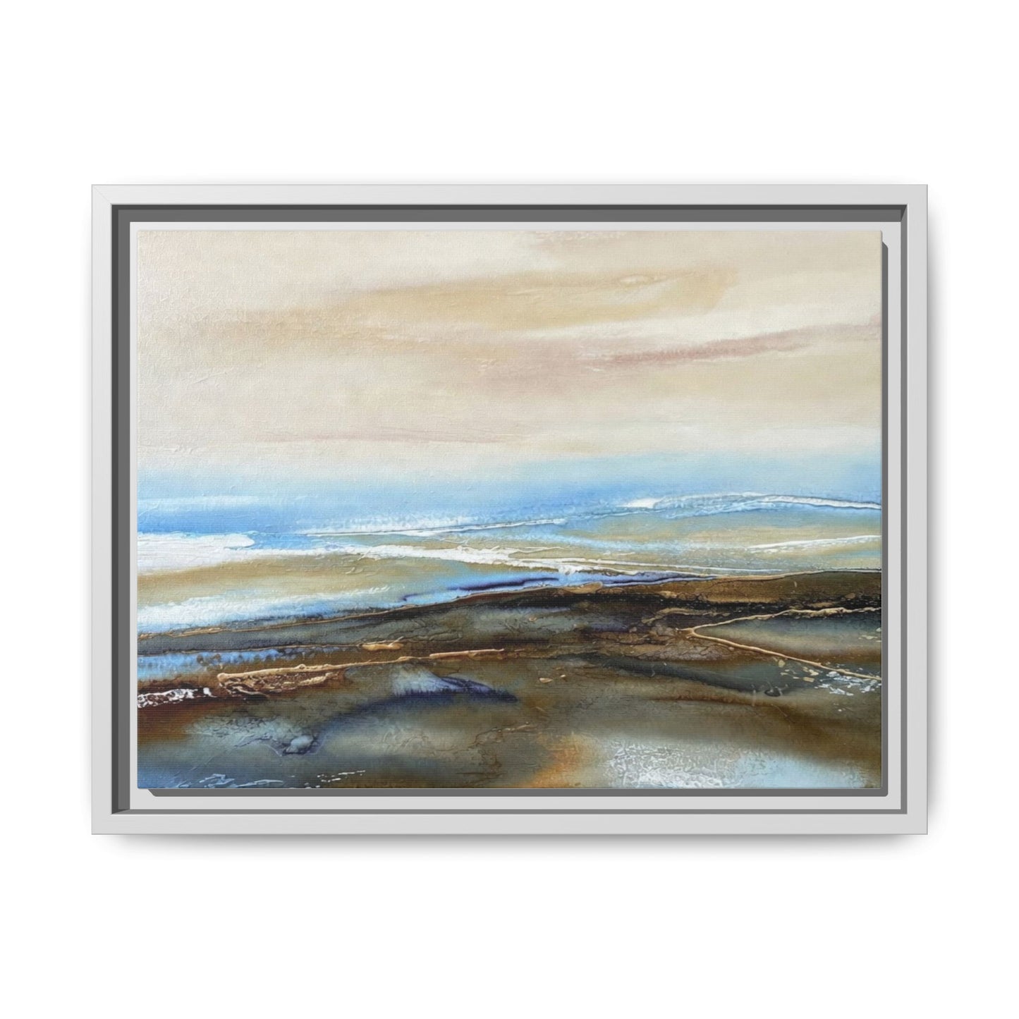 Framed Abstract Seascape Matte Canvas — Coastal Blue & Earth Tone Wall Art