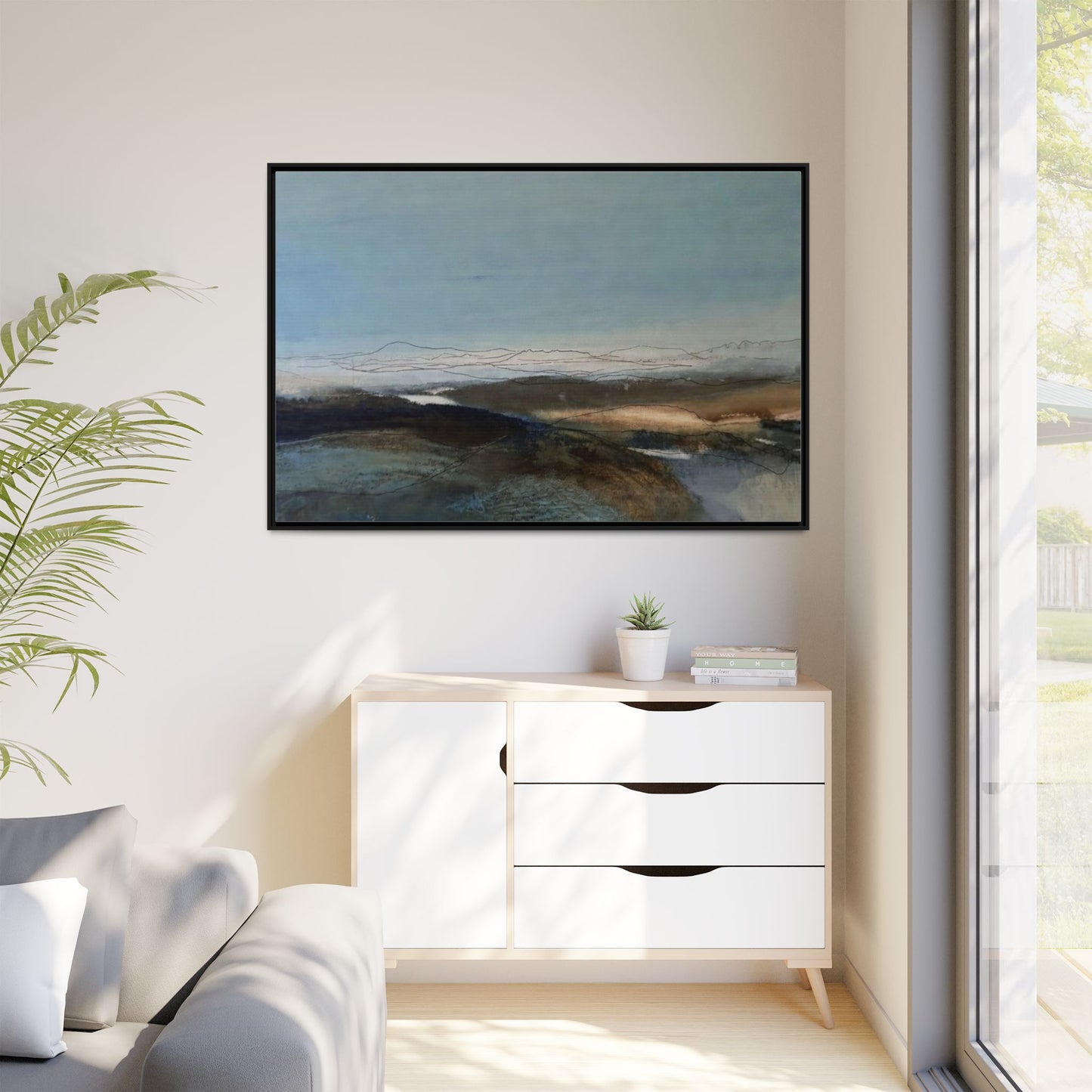 Framed Matte Canvas Wall Art — Serene Abstract Blue Landscape