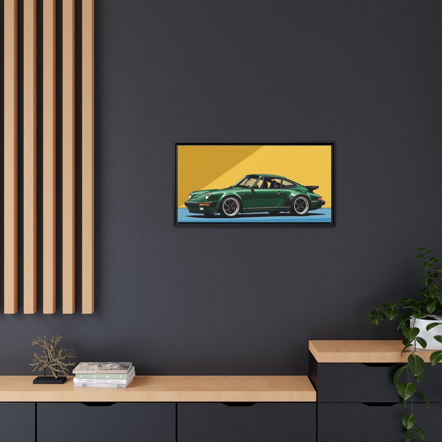 Framed Matte Canvas — Green Sports Car Wall Art