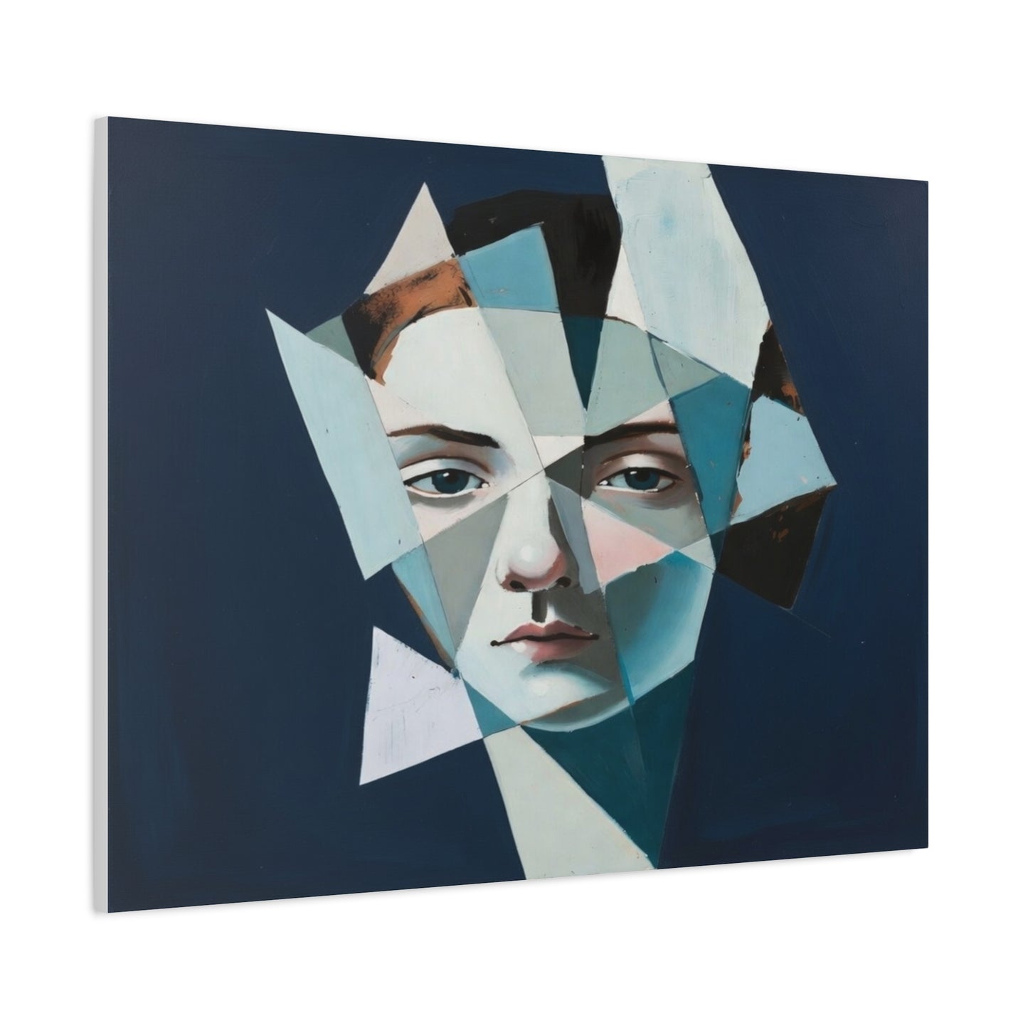 Fragmented Portrait Matte Canvas Art – Blue Abstract Face Wall Decor