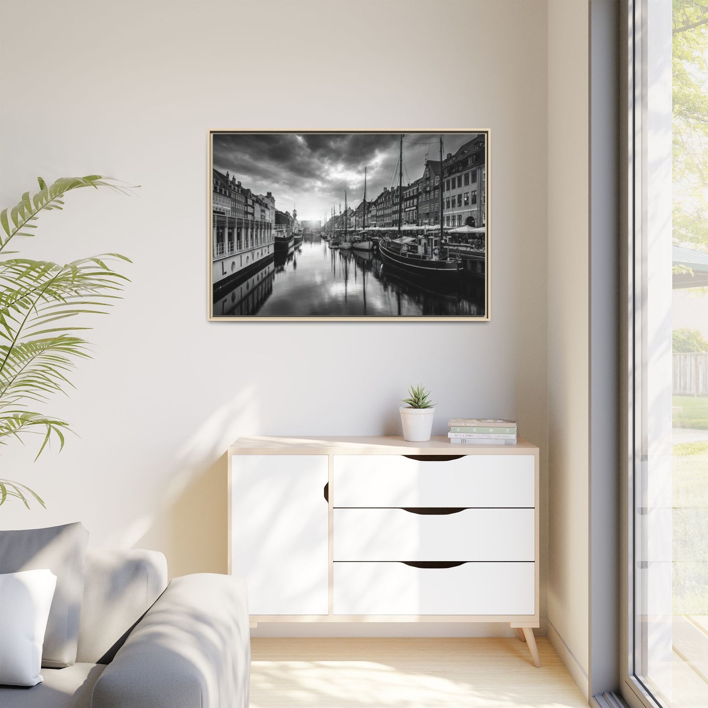 Framed Matte Canvas: Black & White Dutch Canal Photography Wall Art