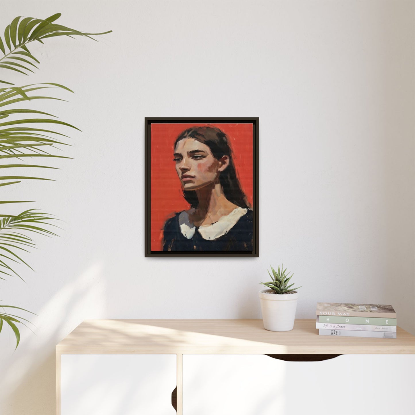 Framed Matte Canvas Portrait Print — Moody Red Figurative Art