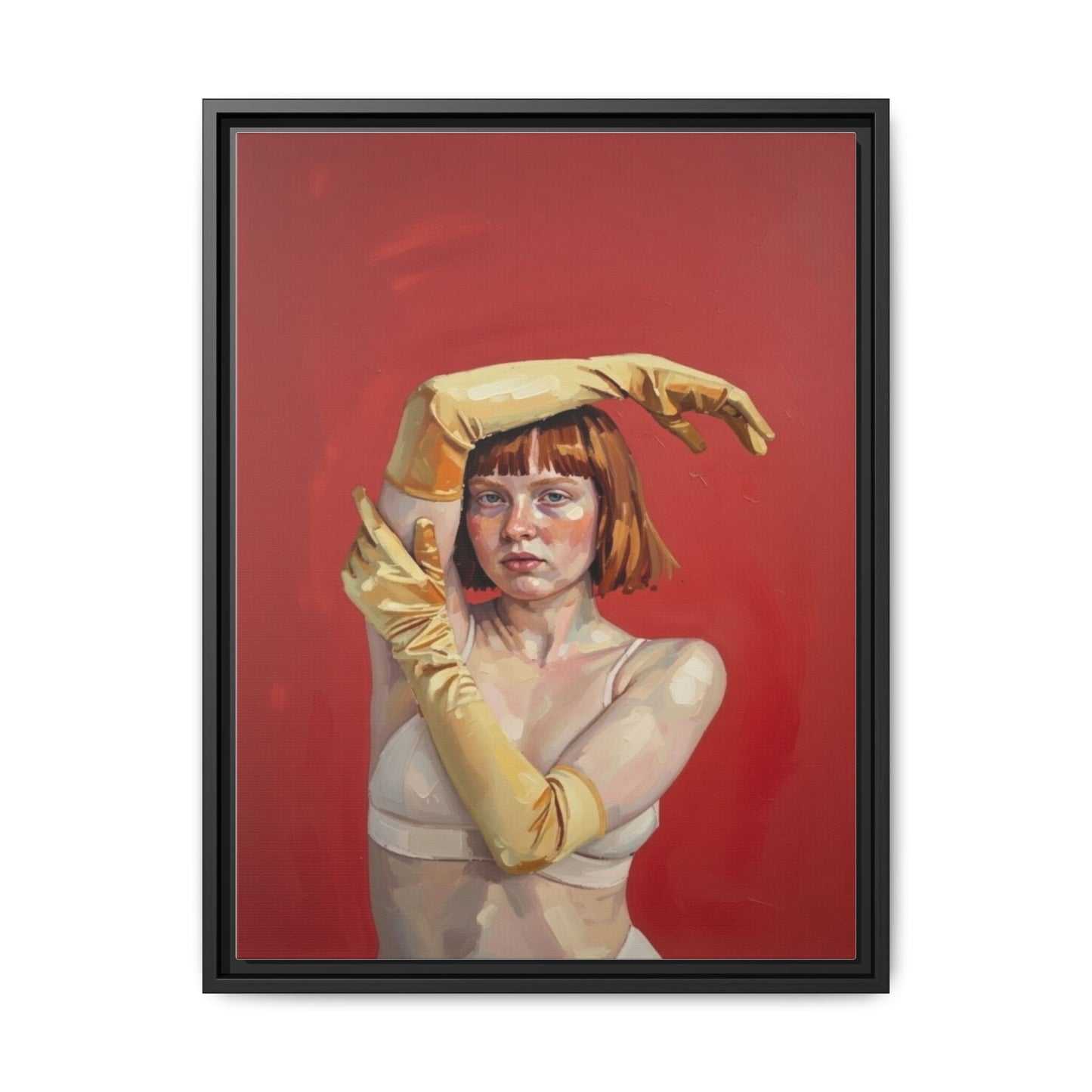 Framed Matte Canvas Art - Portrait of Woman in Yellow Gloves (Red Background)