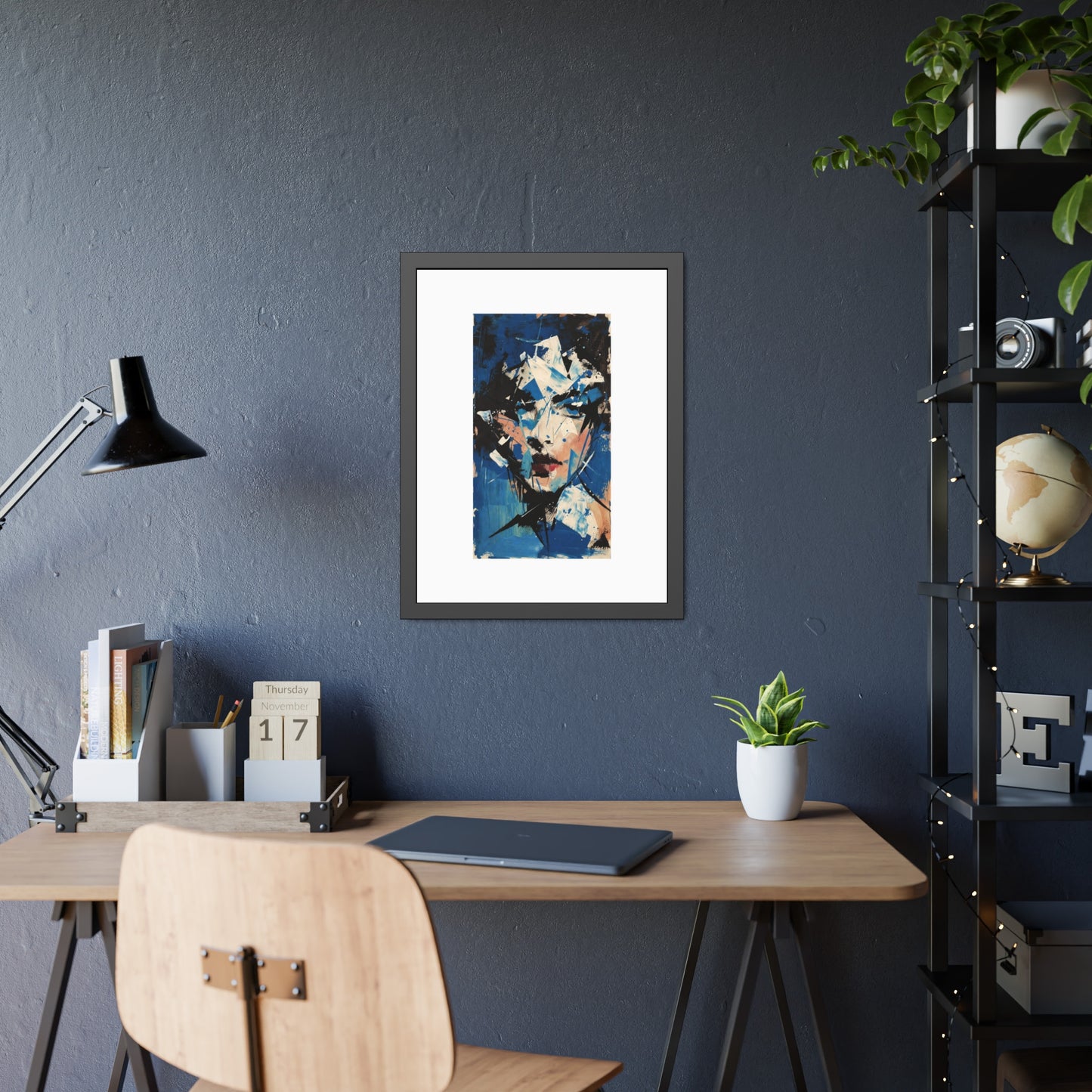 Abstract Blue Portrait Framed Paper Poster — Modern Expressionist Wall Art