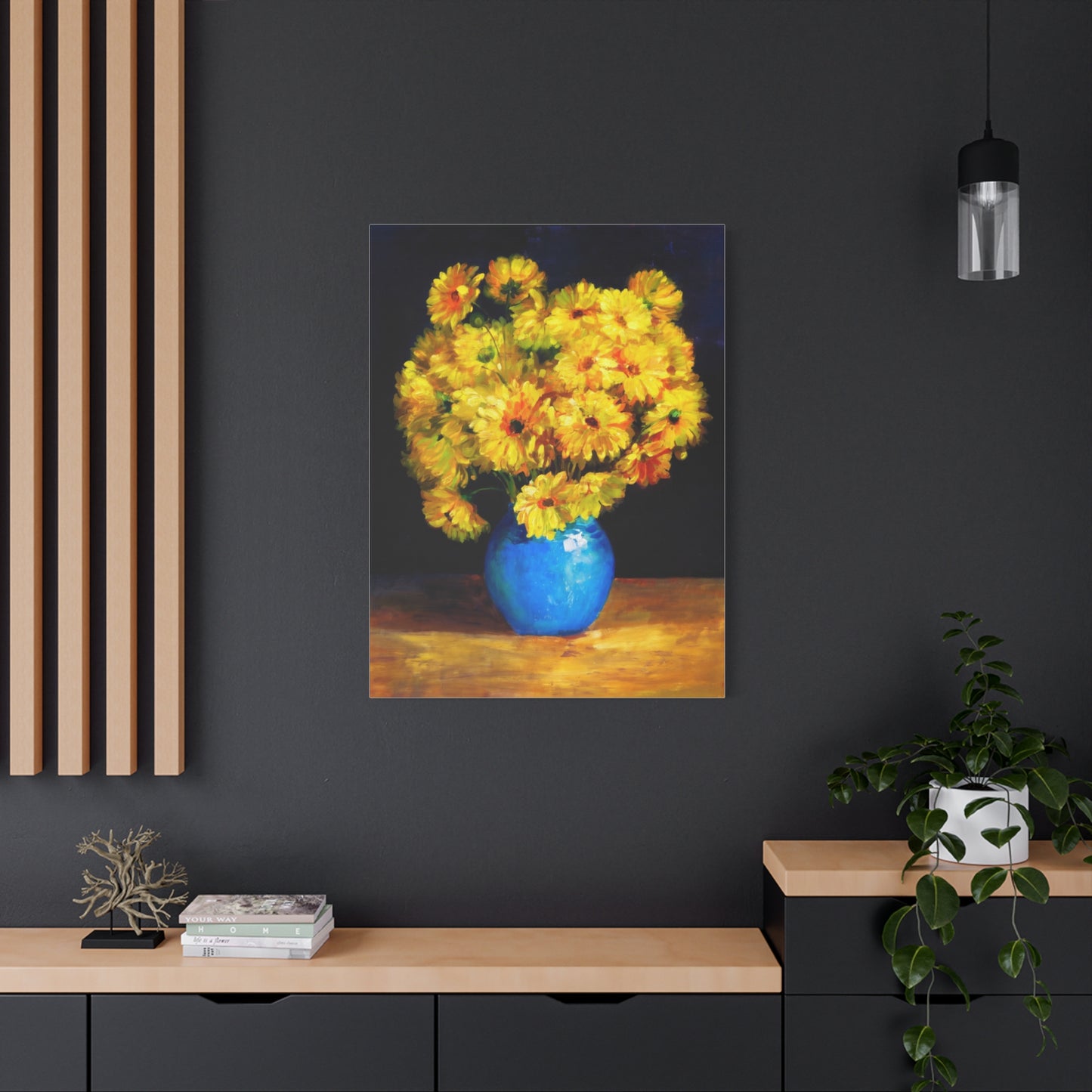 Yellow Chrysanthemum Canvas Wall Art — Blue Vase Floral Painting (Stretched Matte)