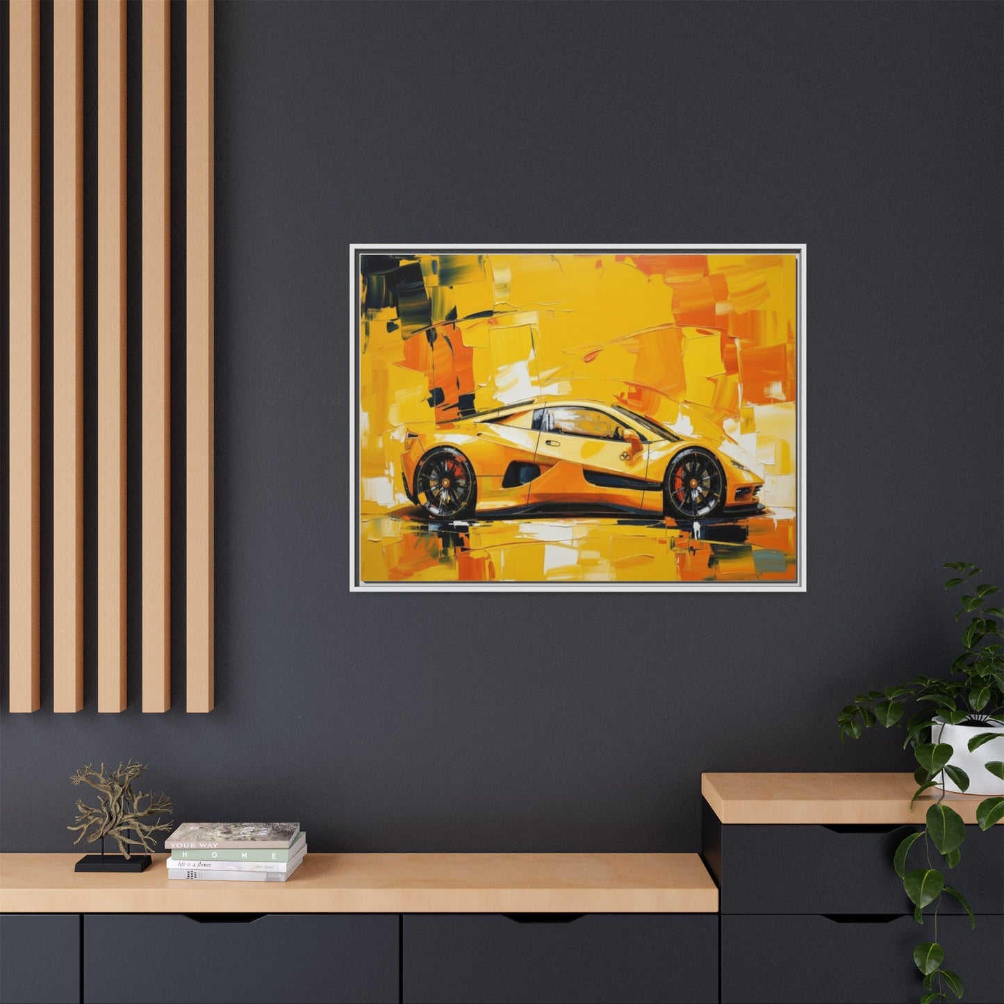 Yellow Sports Car Abstract Matte Canvas Framed Print