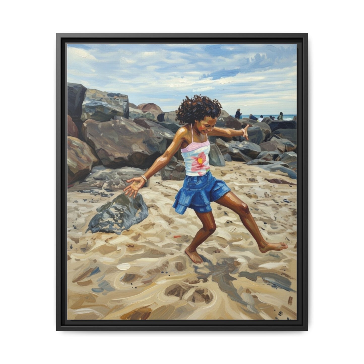 Framed Canvas Art - Girl Dancing on the Beach (Matte Multi-Color)