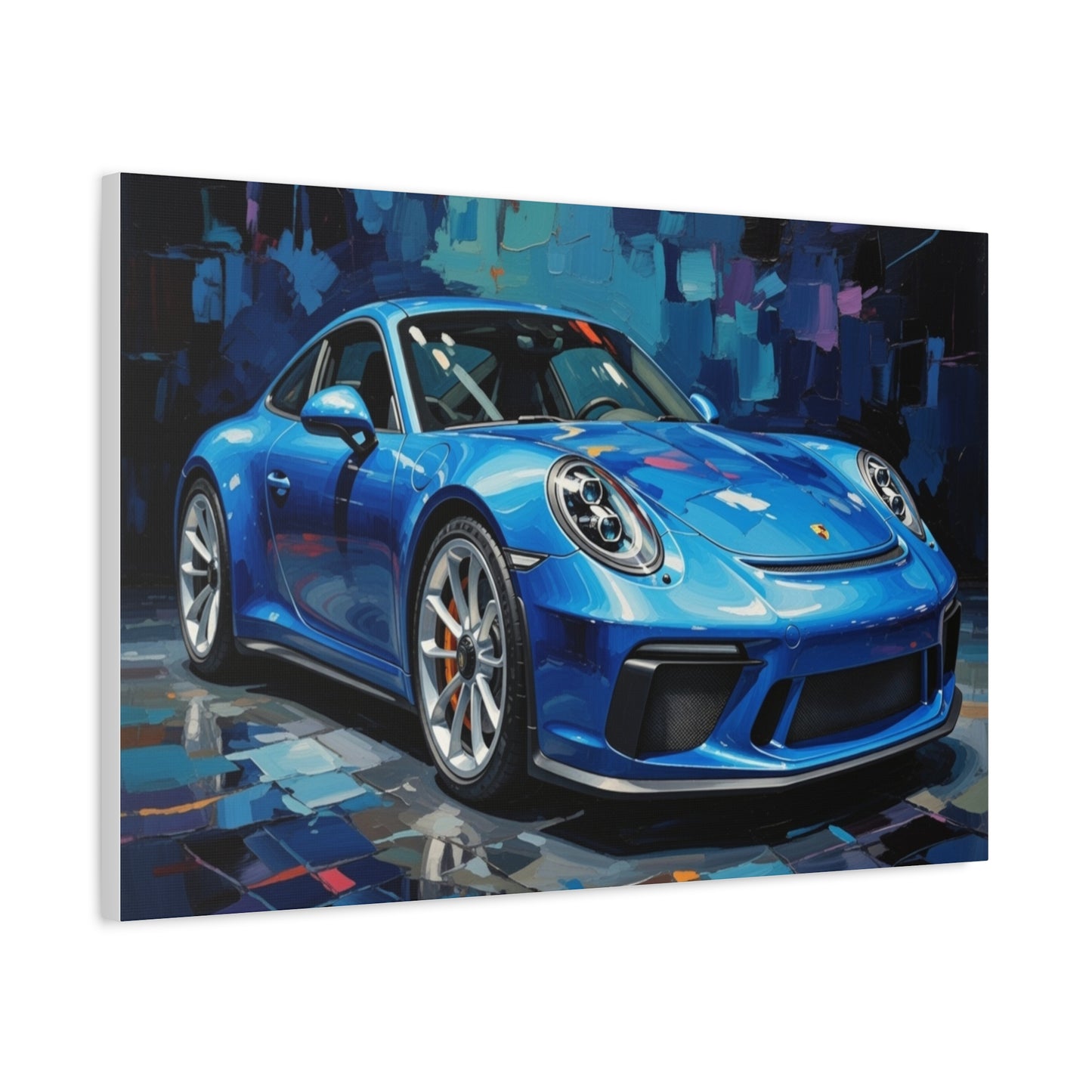 Blue Sports Car Canvas Wall Art — Modern Automotive Painting on Stretched Matte Canvas