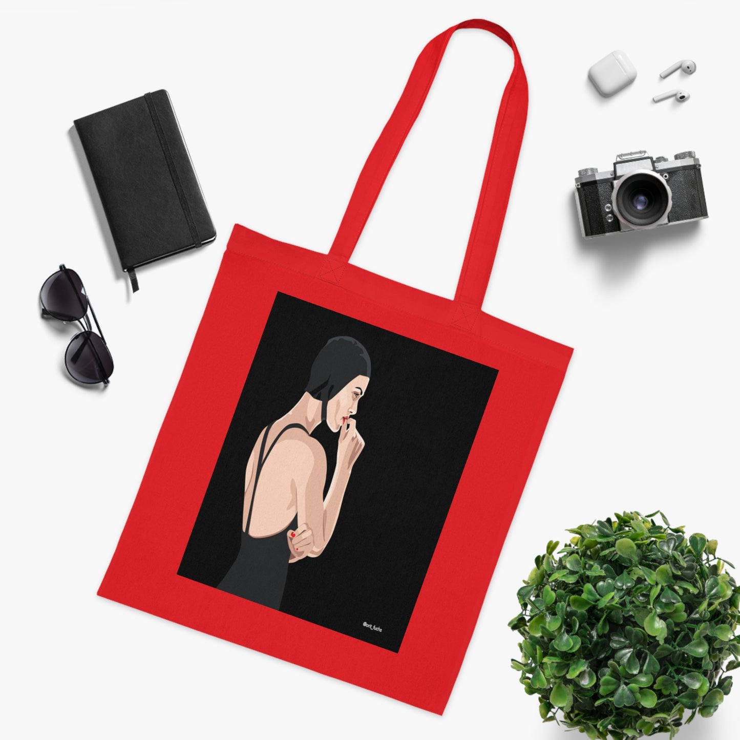 Minimalist Femme Portrait Cotton Tote — Chic Black-Back Illustration Tote Bag