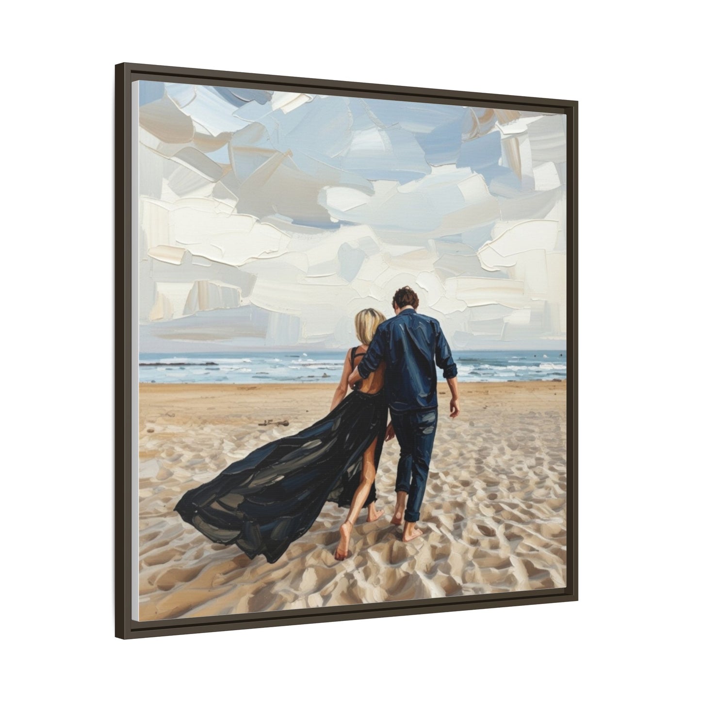 Framed Canvas Wall Art — Romantic Couple Walking on Beach Print