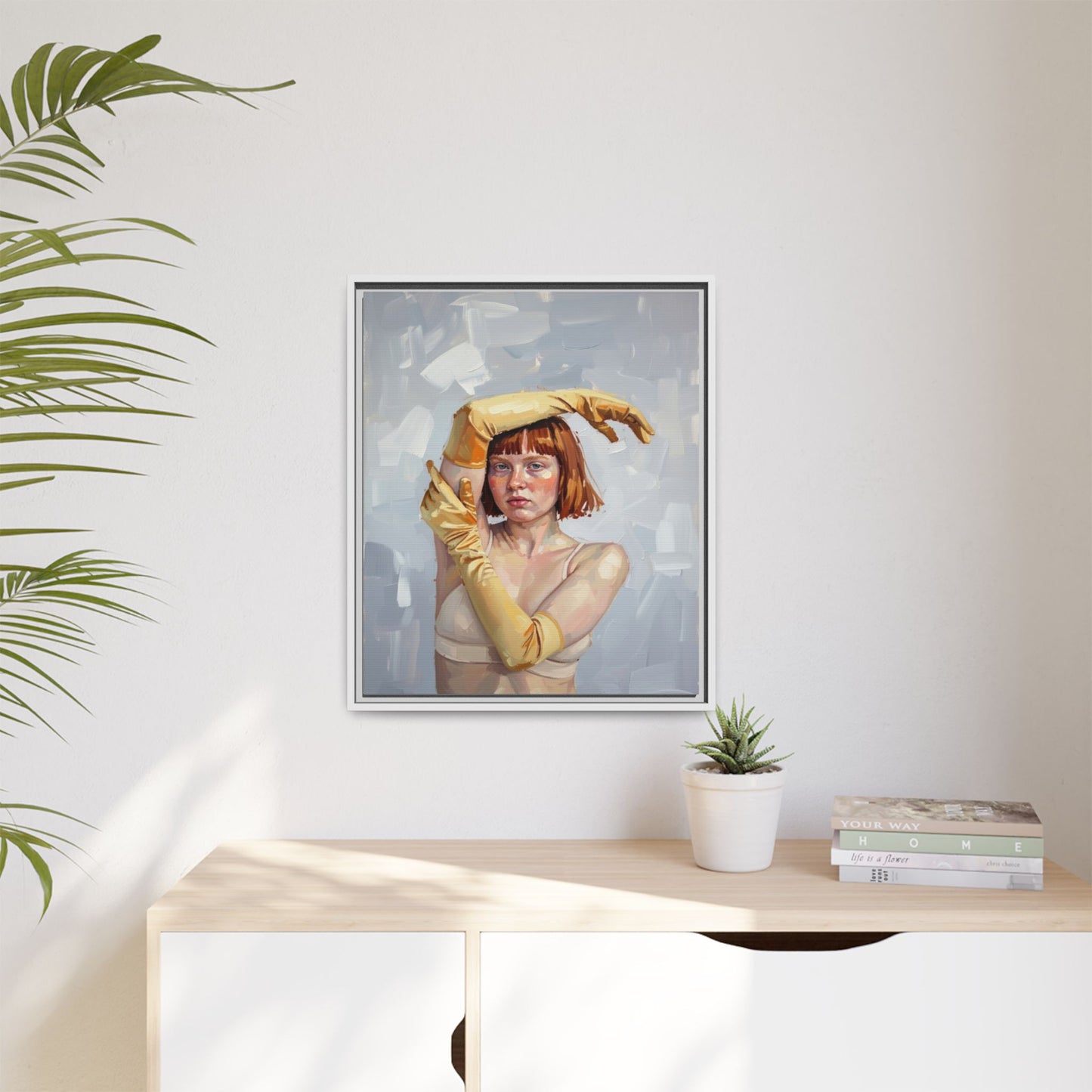 Contemporary Portrait Canvas Print — Woman with Yellow Gloves (Framed Matte)