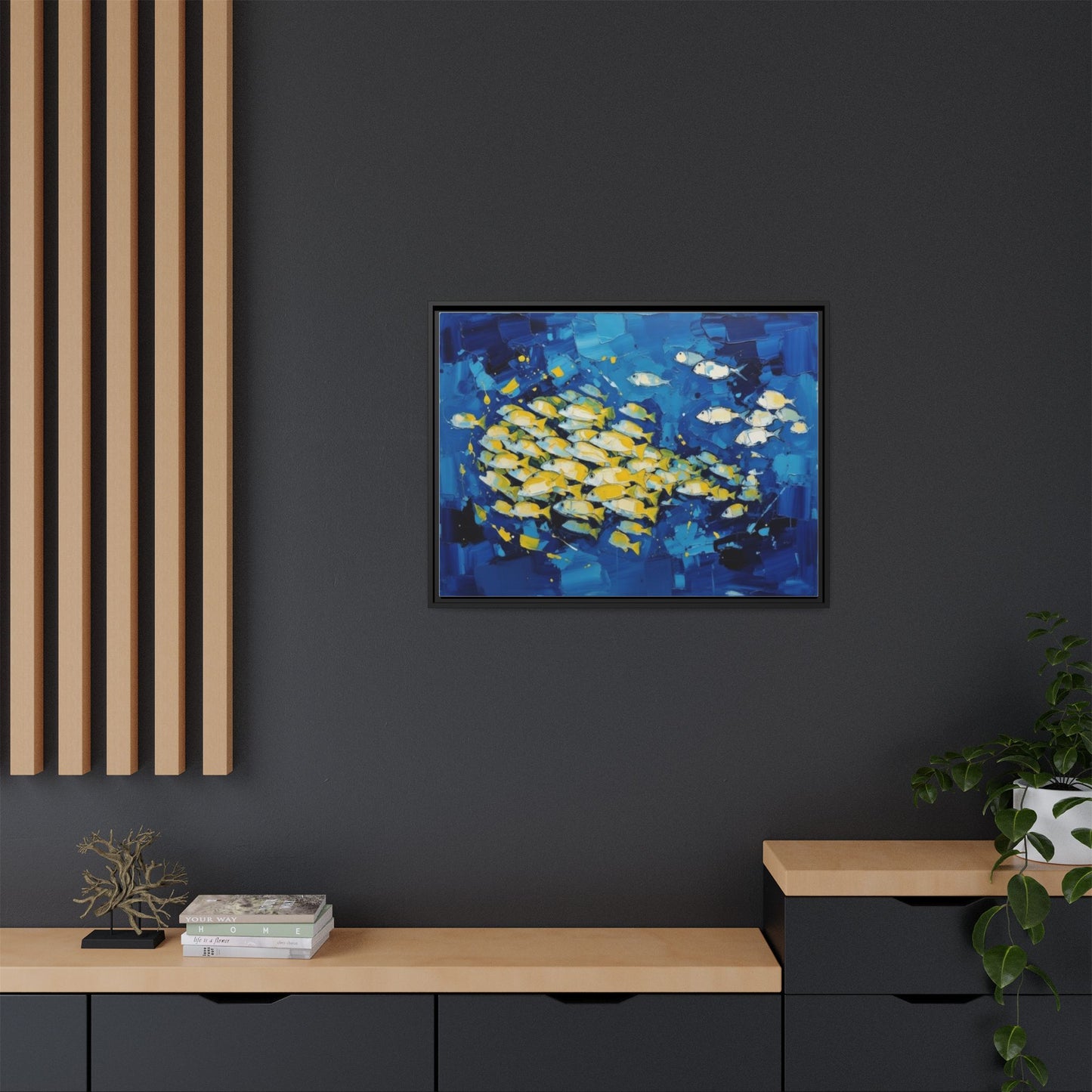 Framed Matte Canvas: Blue School of Fish Wall Art