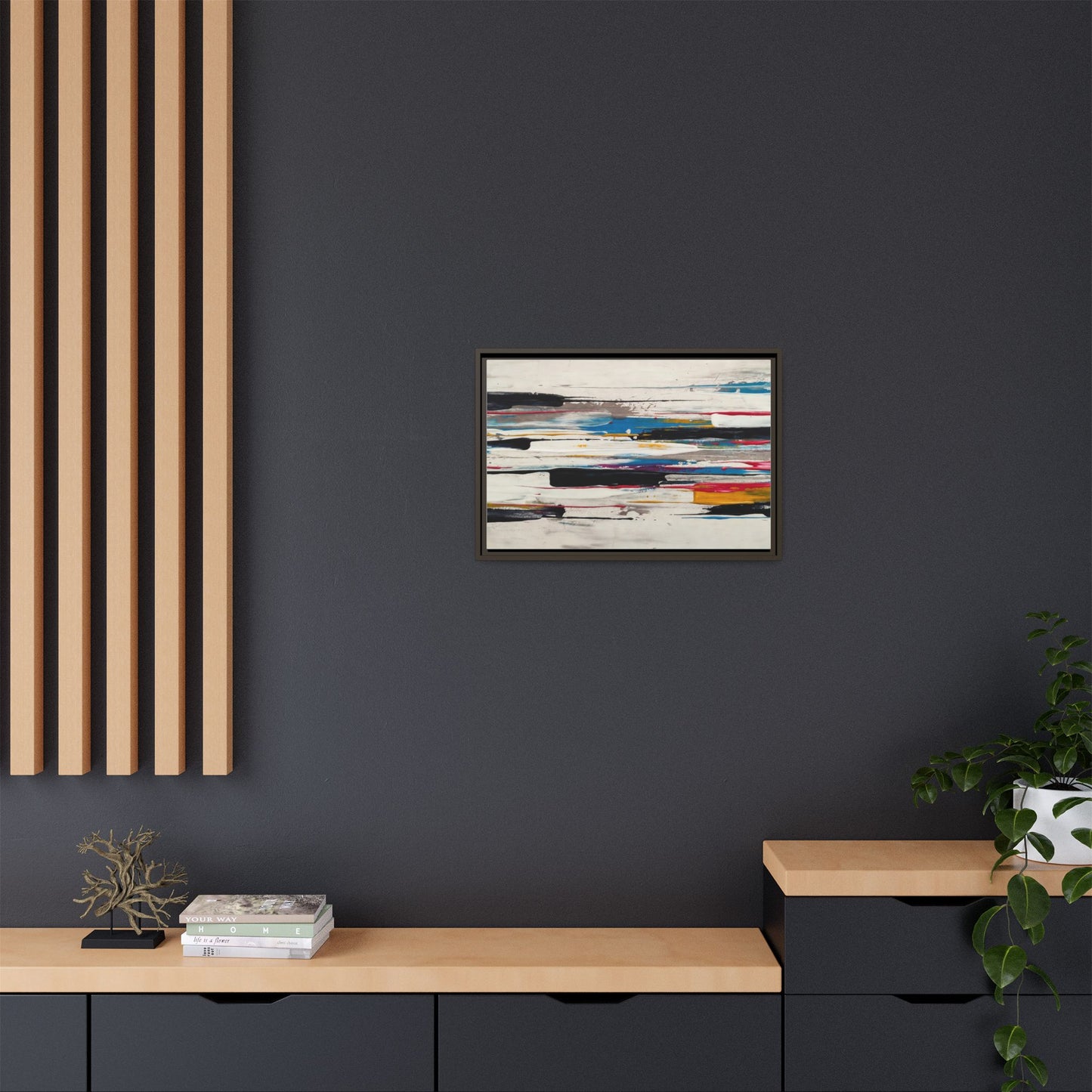 Abstract Multi-Color Framed Canvas Wall Art — Modern Horizontal Brushstroke Print