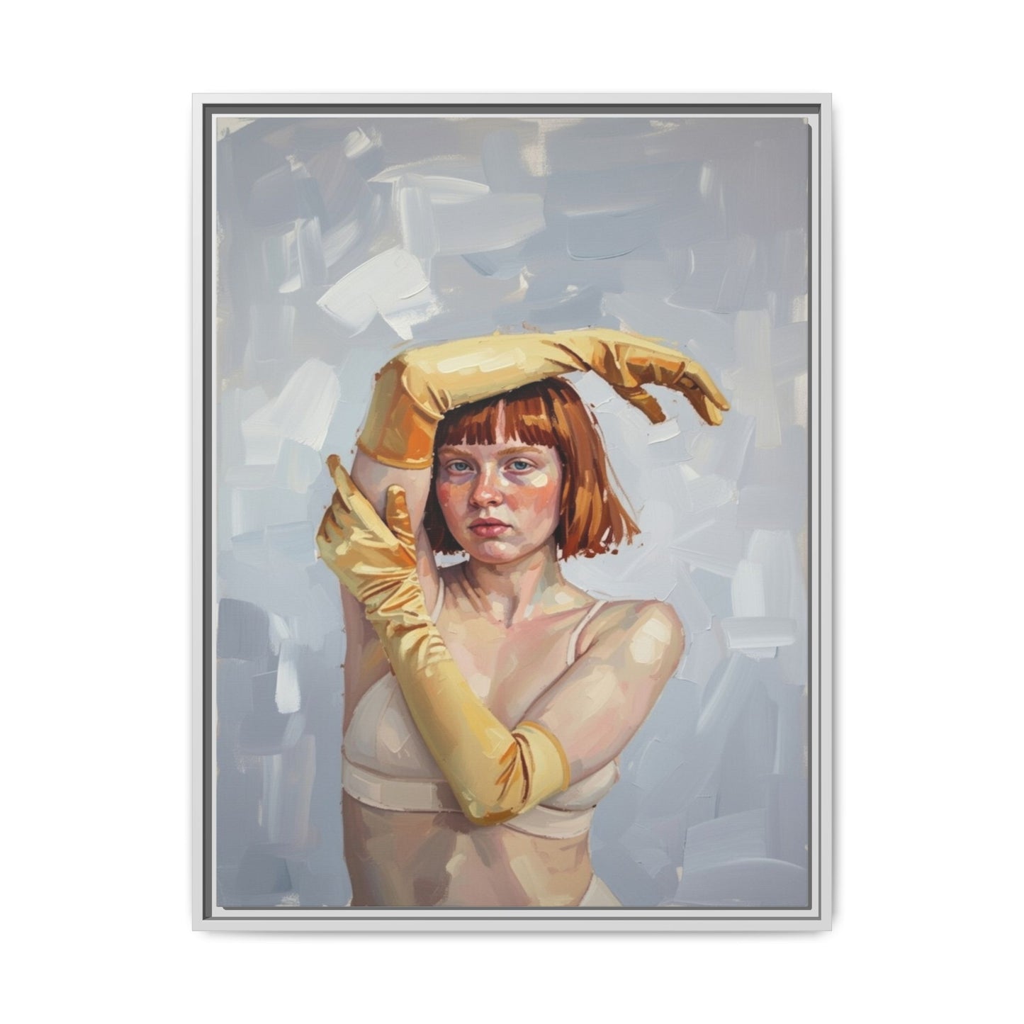 Contemporary Portrait Canvas Print — Woman with Yellow Gloves (Framed Matte)