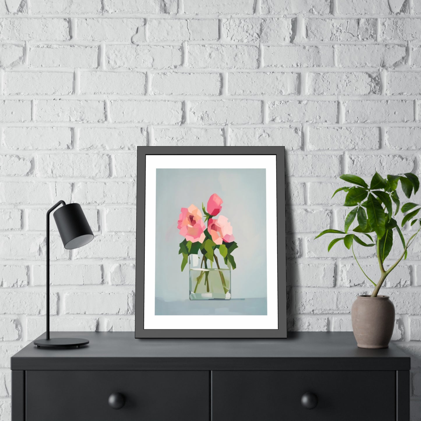 Framed Floral Poster — Pink Rose Vase Wall Art