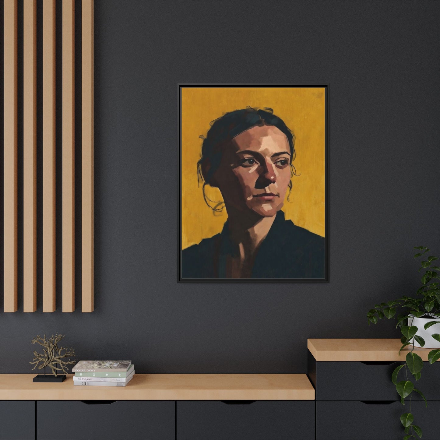 Framed Matte Canvas Portrait Art — Moody Woman on Mustard Background