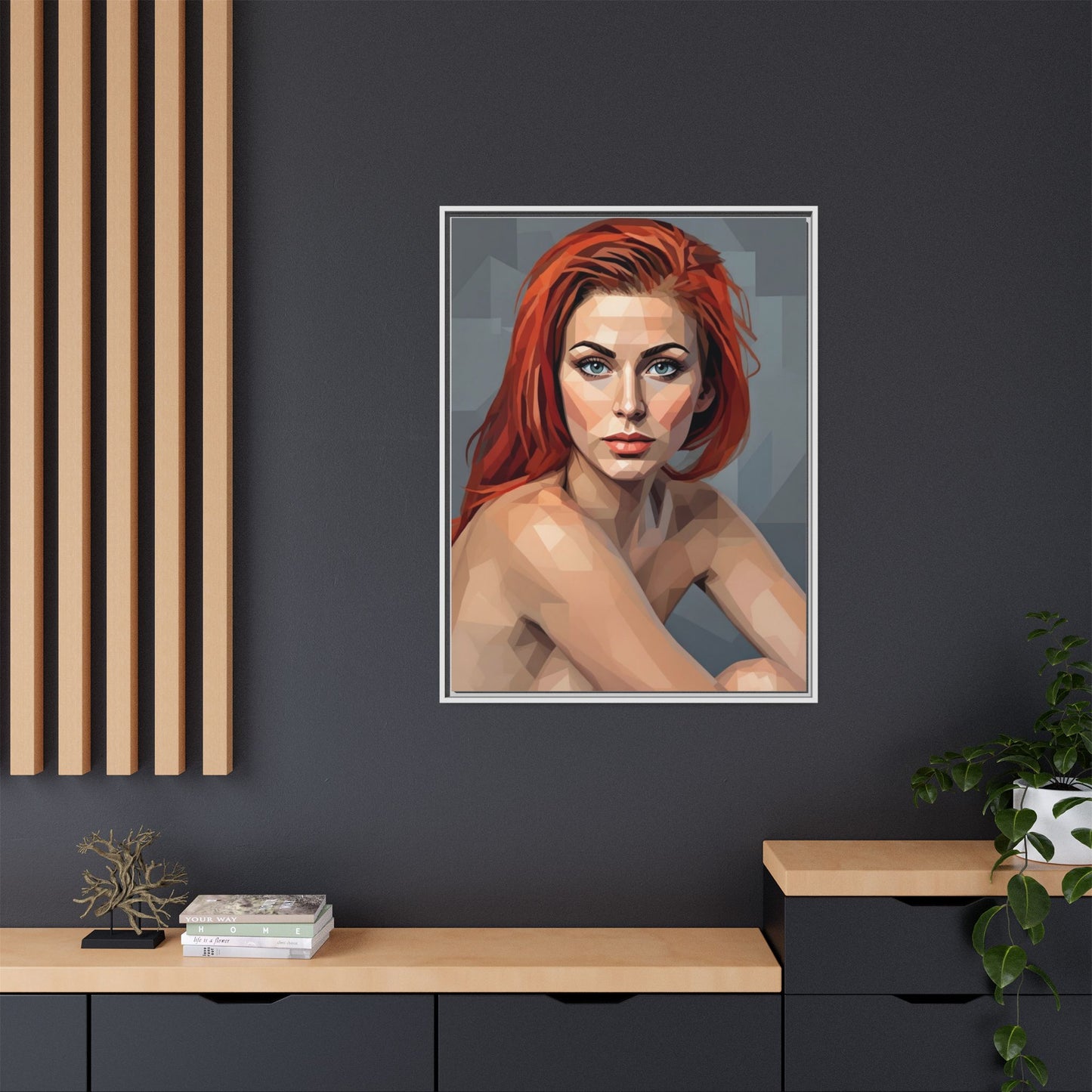 Framed Matte Canvas Portrait — Geometric Redhead Wall Art