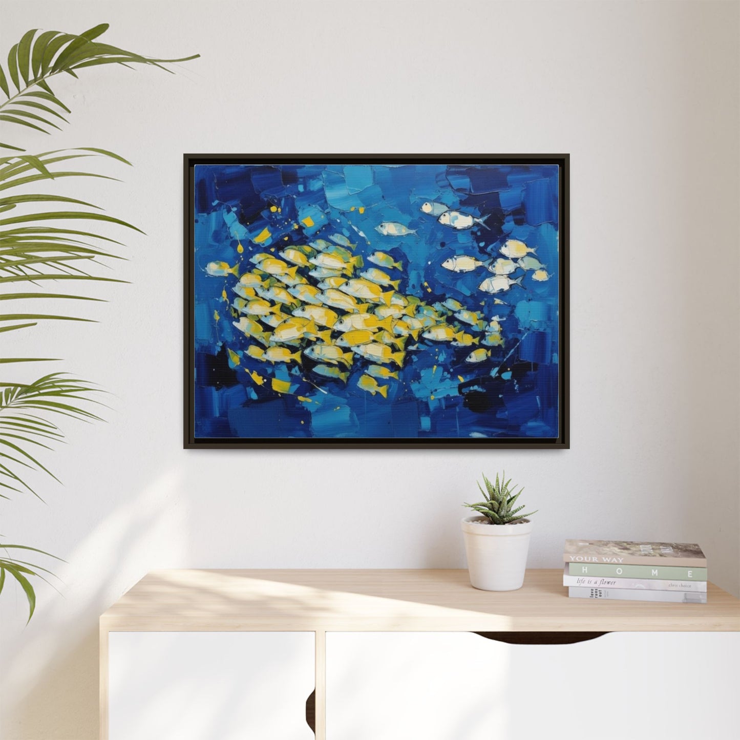 Framed Matte Canvas: Blue School of Fish Wall Art