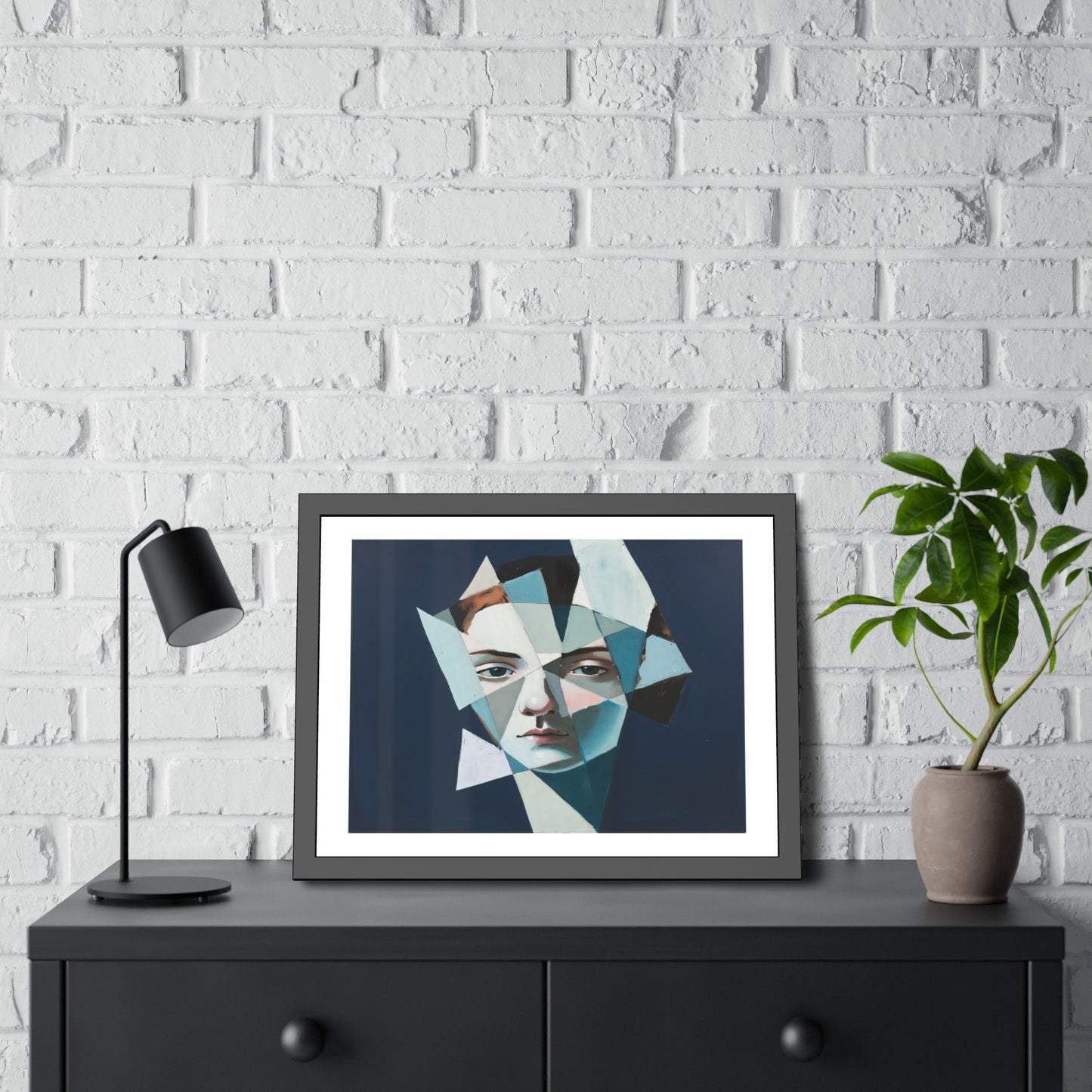 Abstract Geometric Portrait Framed Poster — Modern Blue Art Print