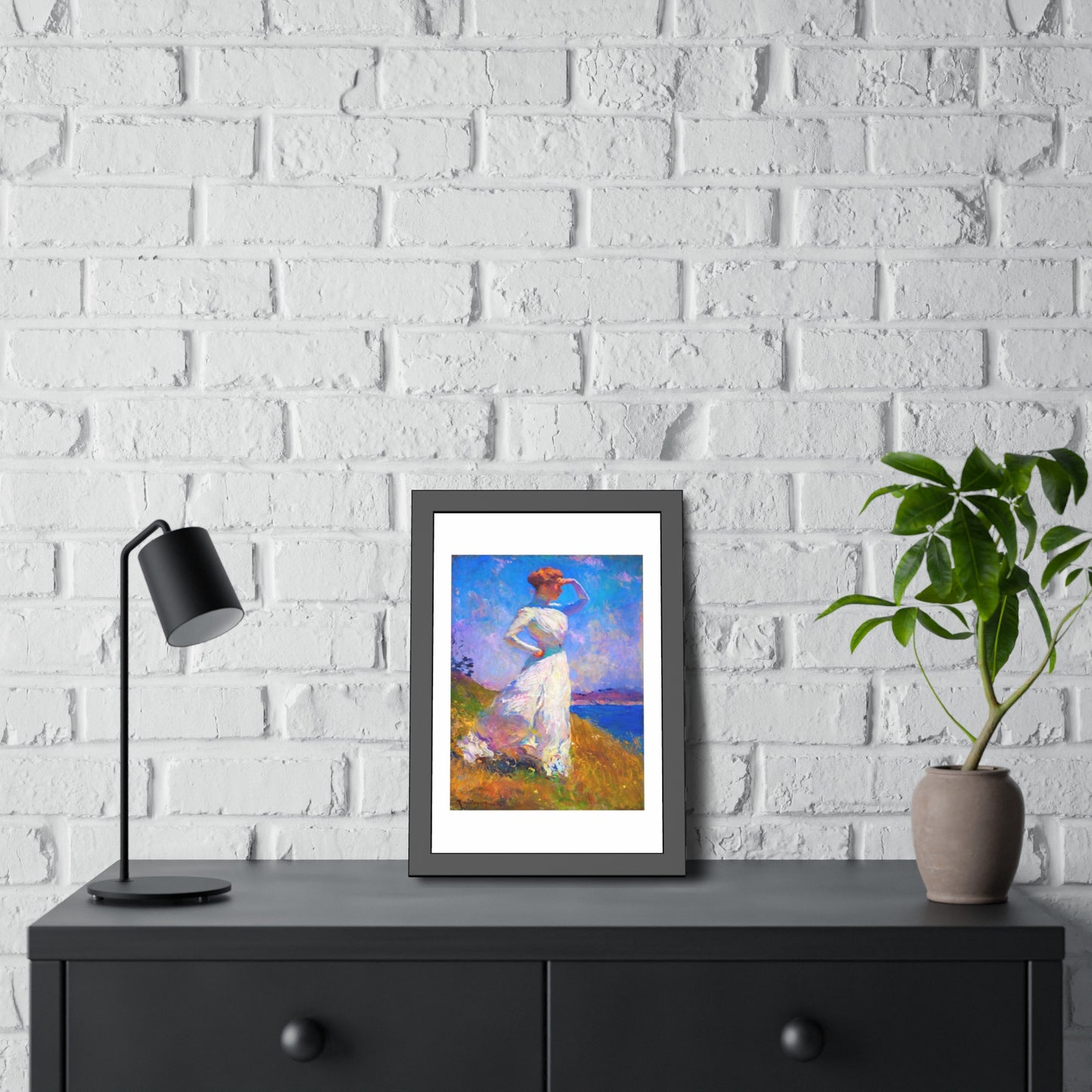 Coastal Impressionist Framed Poster — Woman in White Seaside Art Print