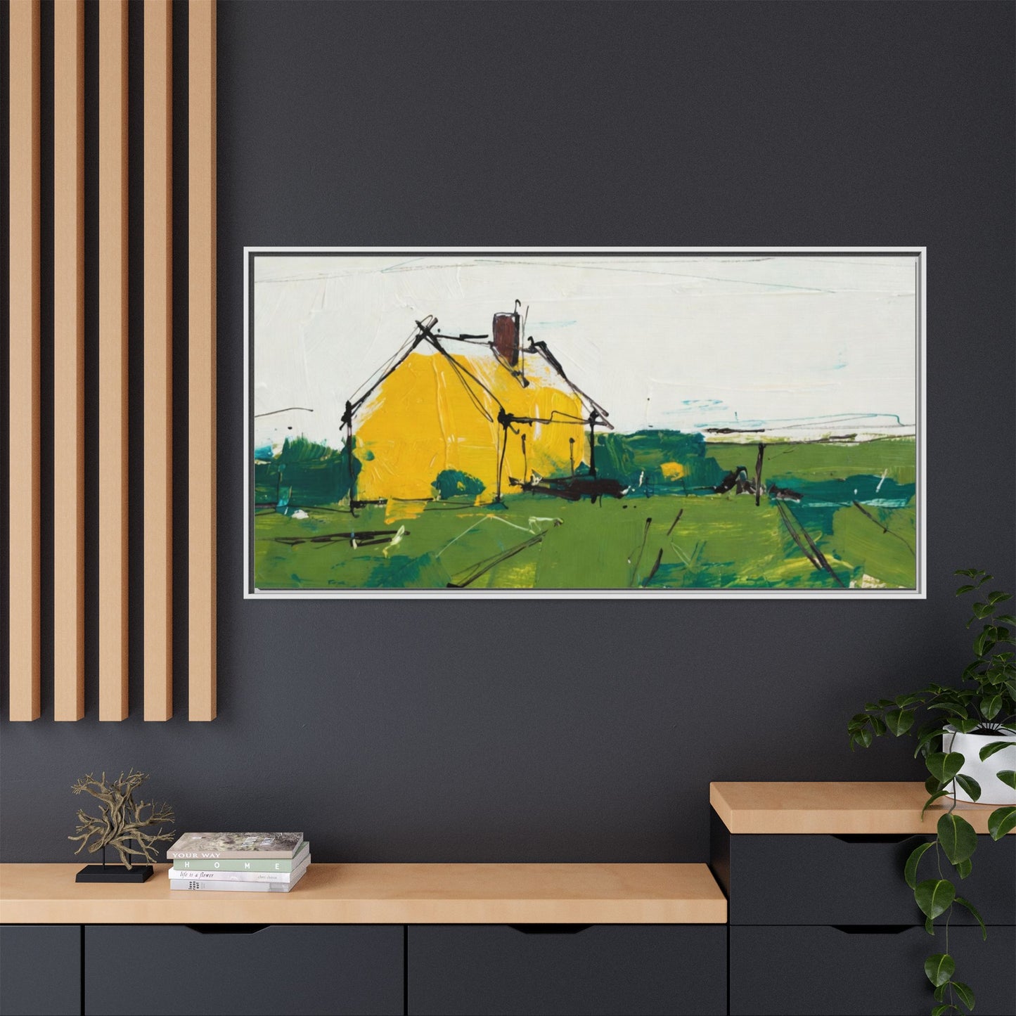 Yellow Cottage Landscape Framed Canvas Print