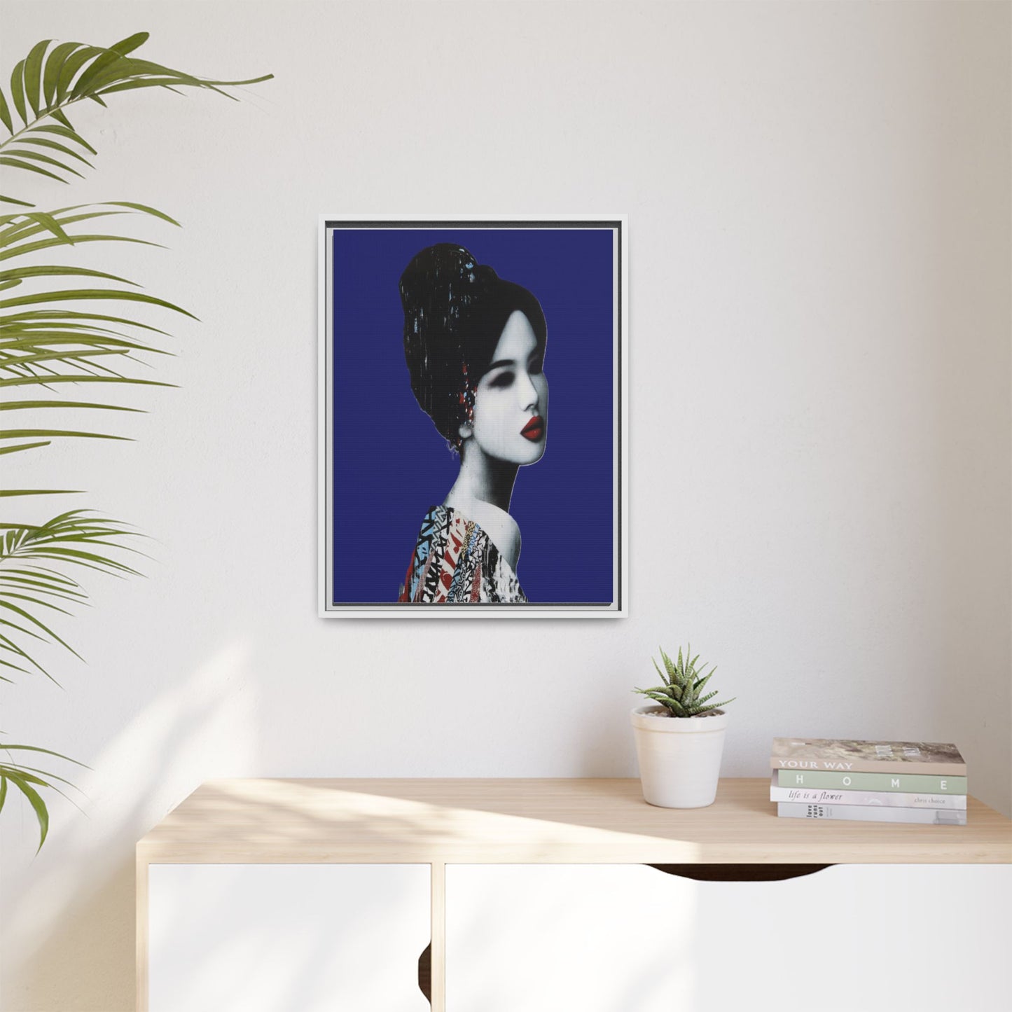 Framed Matte Canvas Art — Elegant Geisha Portrait on Deep Blue