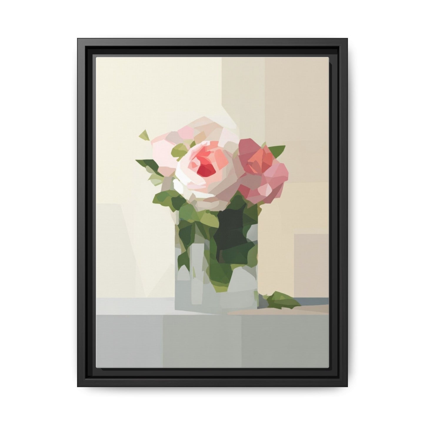Framed Floral Canvas Print — Geometric Pink Rose Wall Art
