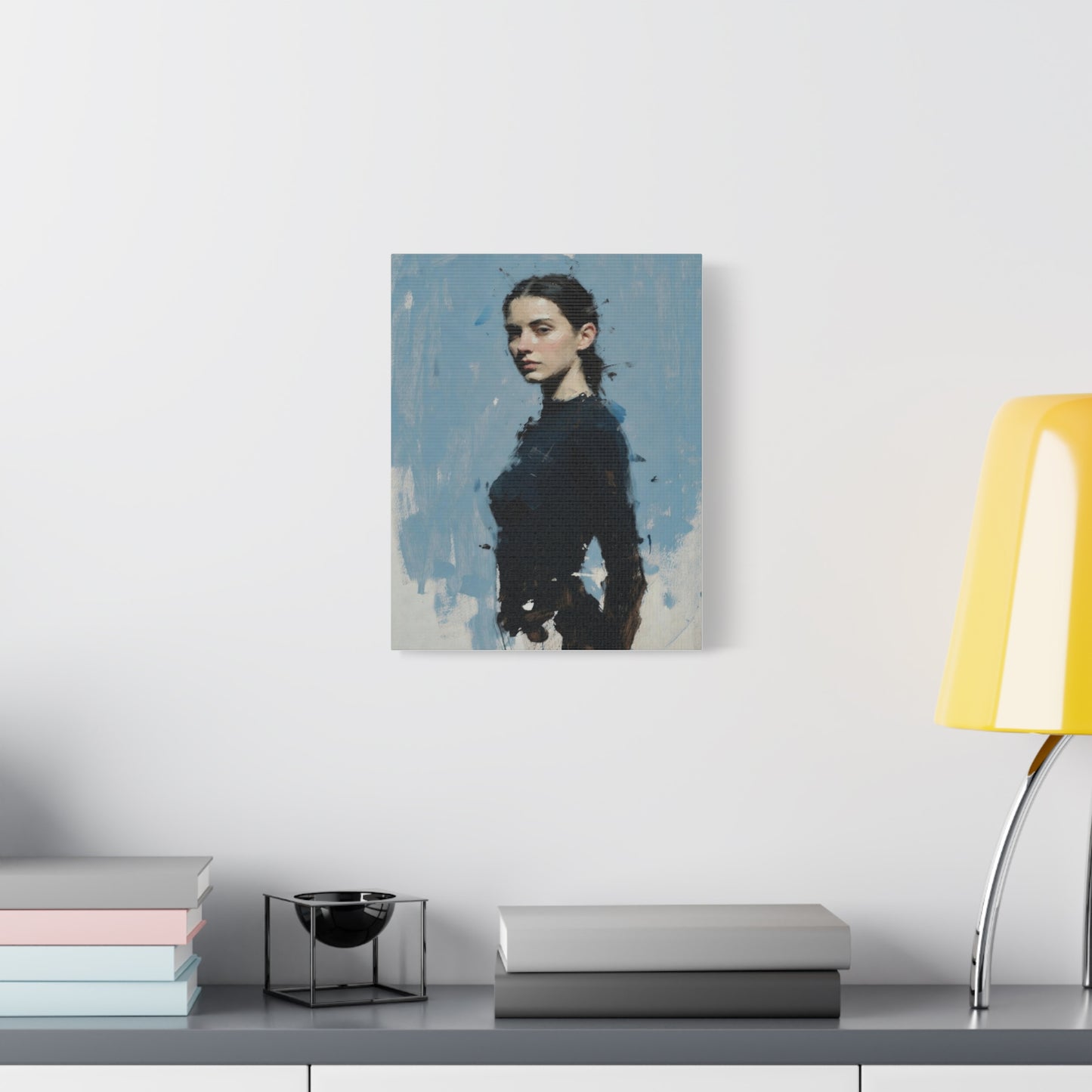 Matte Stretched Canvas Print — Portrait of a Young Woman, Moody Blue Figurative Art