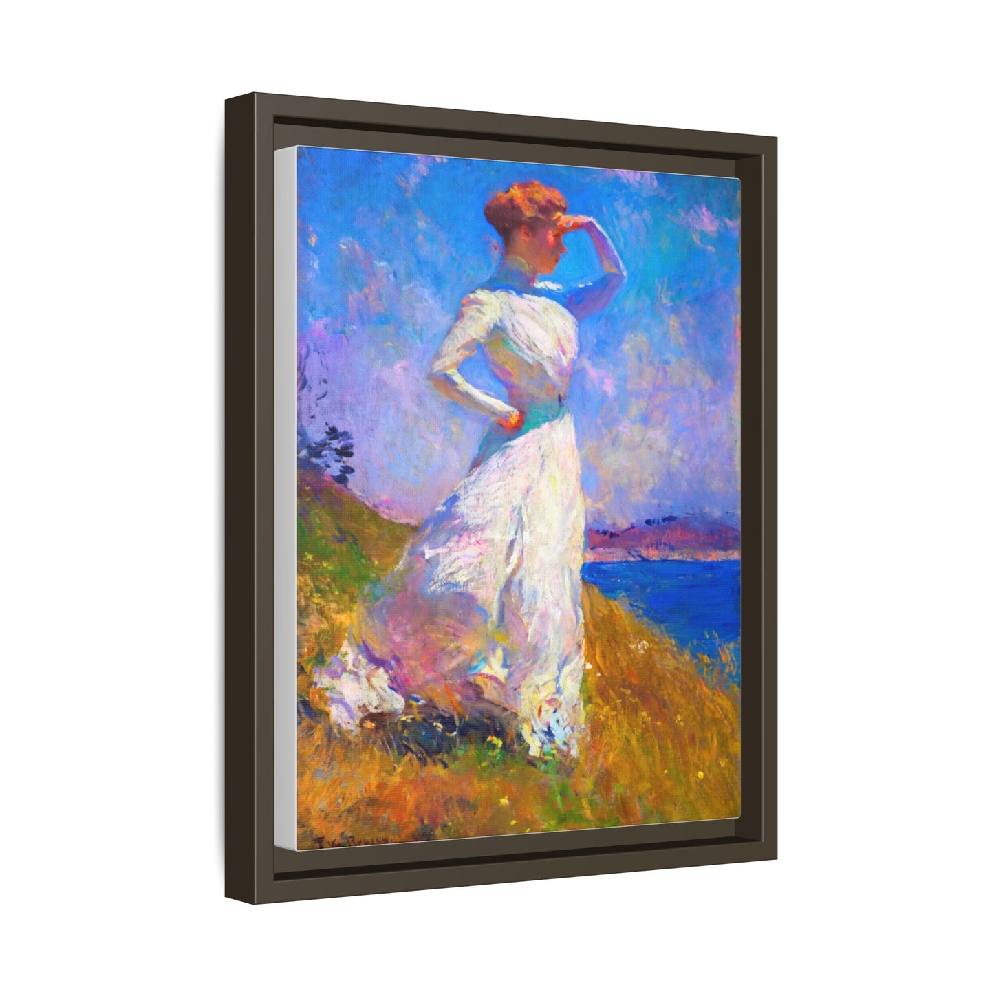 Framed Matte Canvas Art - Woman in White Seaside Impressionist Print