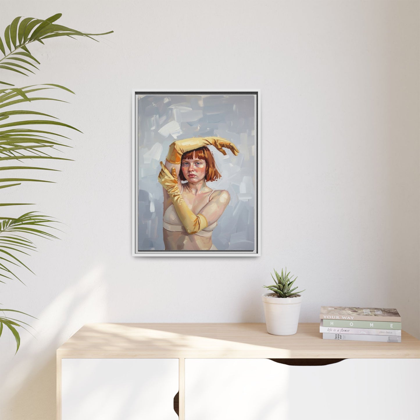 Contemporary Portrait Canvas Print — Woman with Yellow Gloves (Framed Matte)