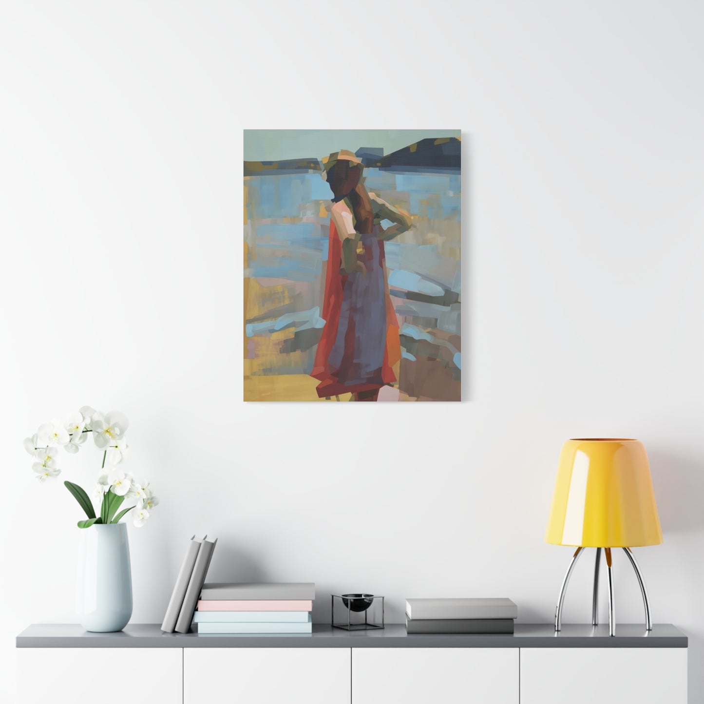 Coastal Stroll Matte Canvas Print — Abstract Woman in Red Dress, Stretched 1.25"