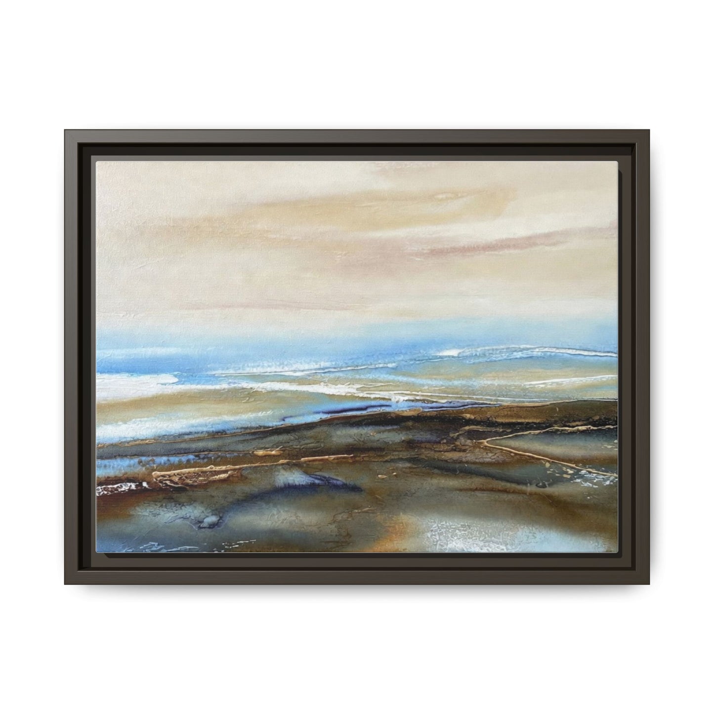 Framed Abstract Seascape Matte Canvas — Coastal Blue & Earth Tone Wall Art