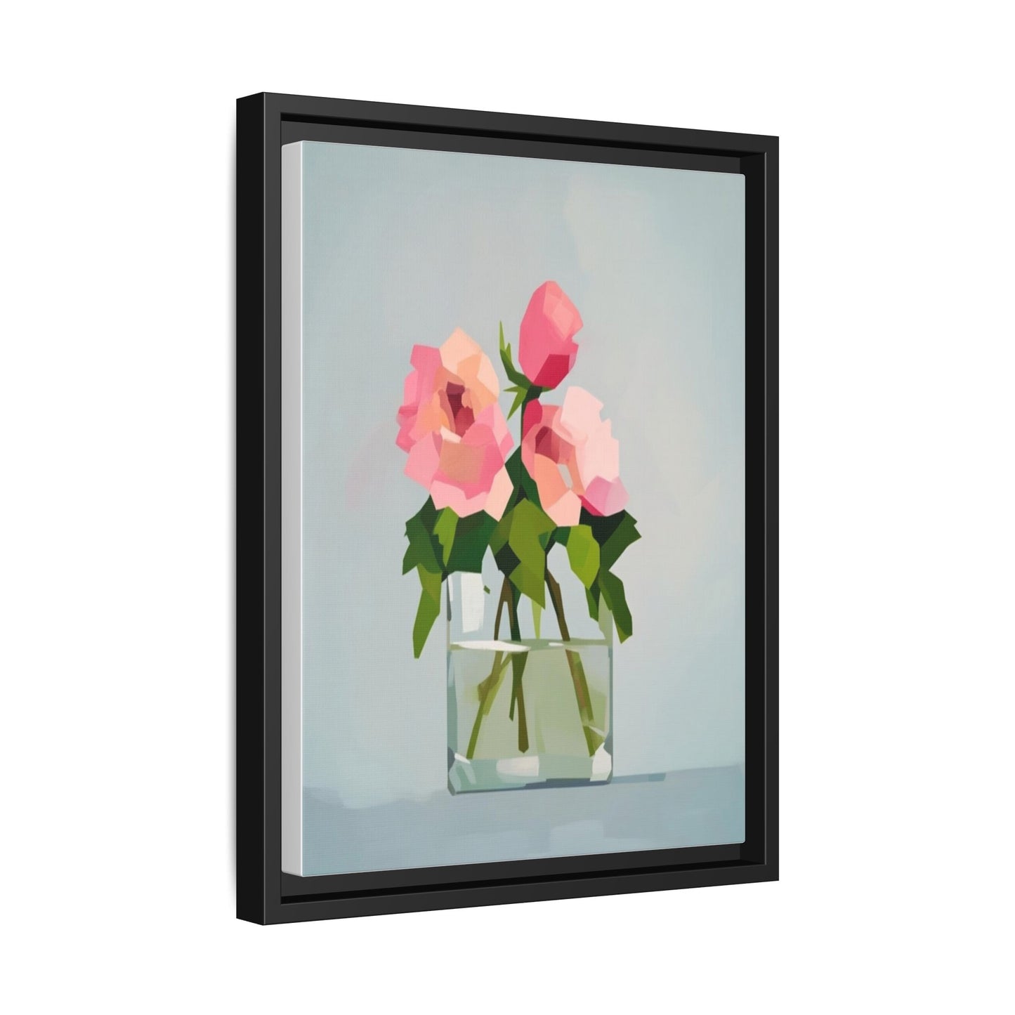 Framed Floral Canvas Print — Pink Roses in Glass Vase (Matte)