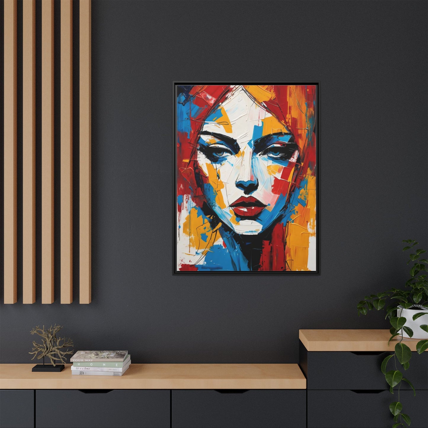 Framed Abstract Portrait Canvas — Colorful Female Face Wall Art