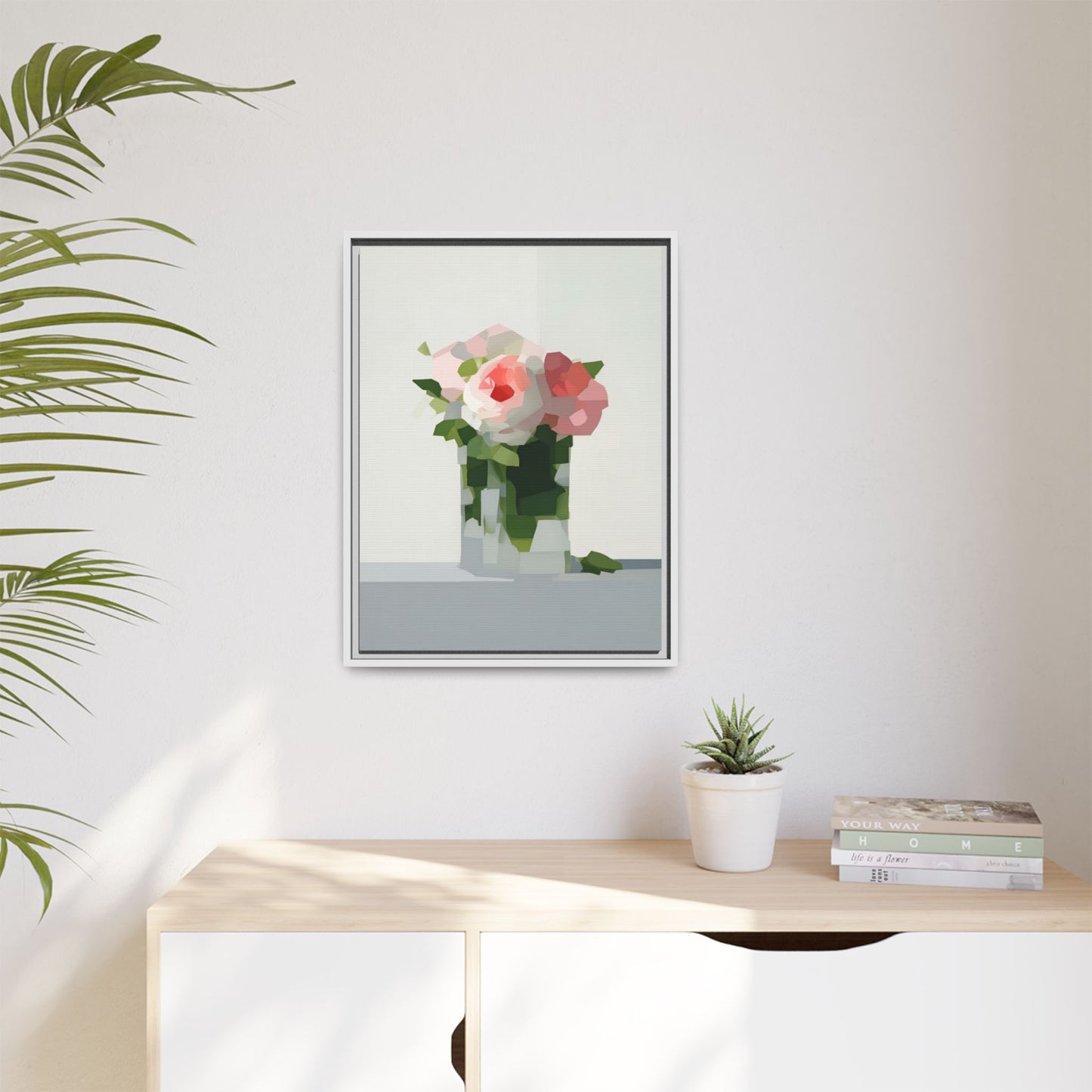 Framed Floral Canvas Print — Modern Pink Roses Still Life