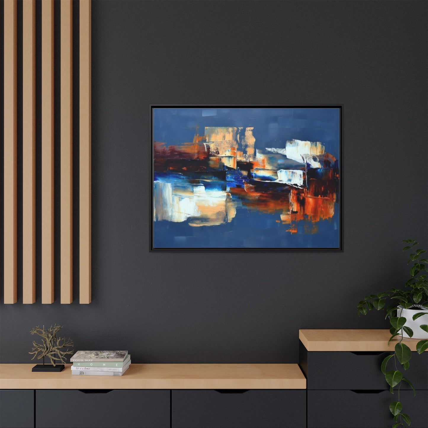 Abstract Blue & Rust Framed Canvas Art — Modern Matte Wall Painting