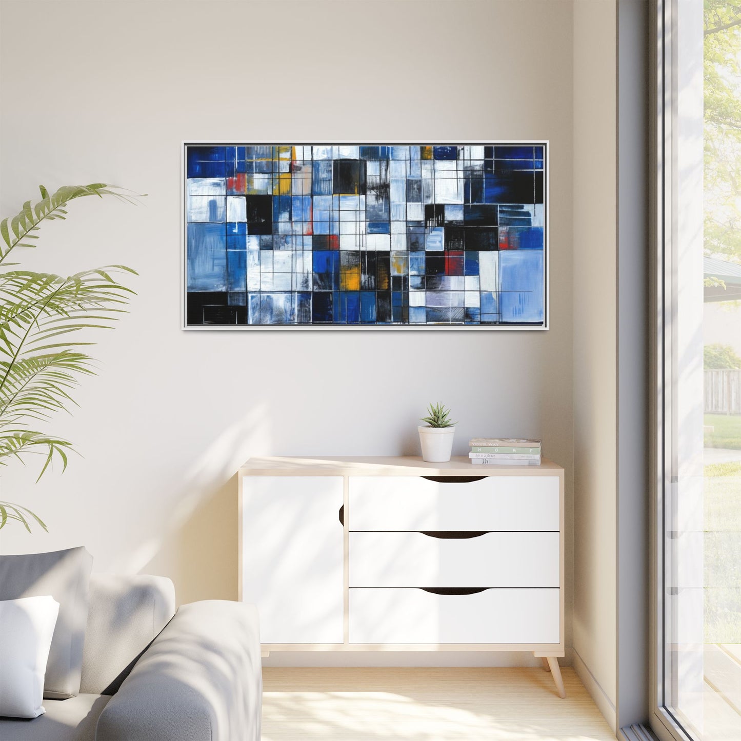 Abstract Blue Grid Matte Canvas Framed Art Print