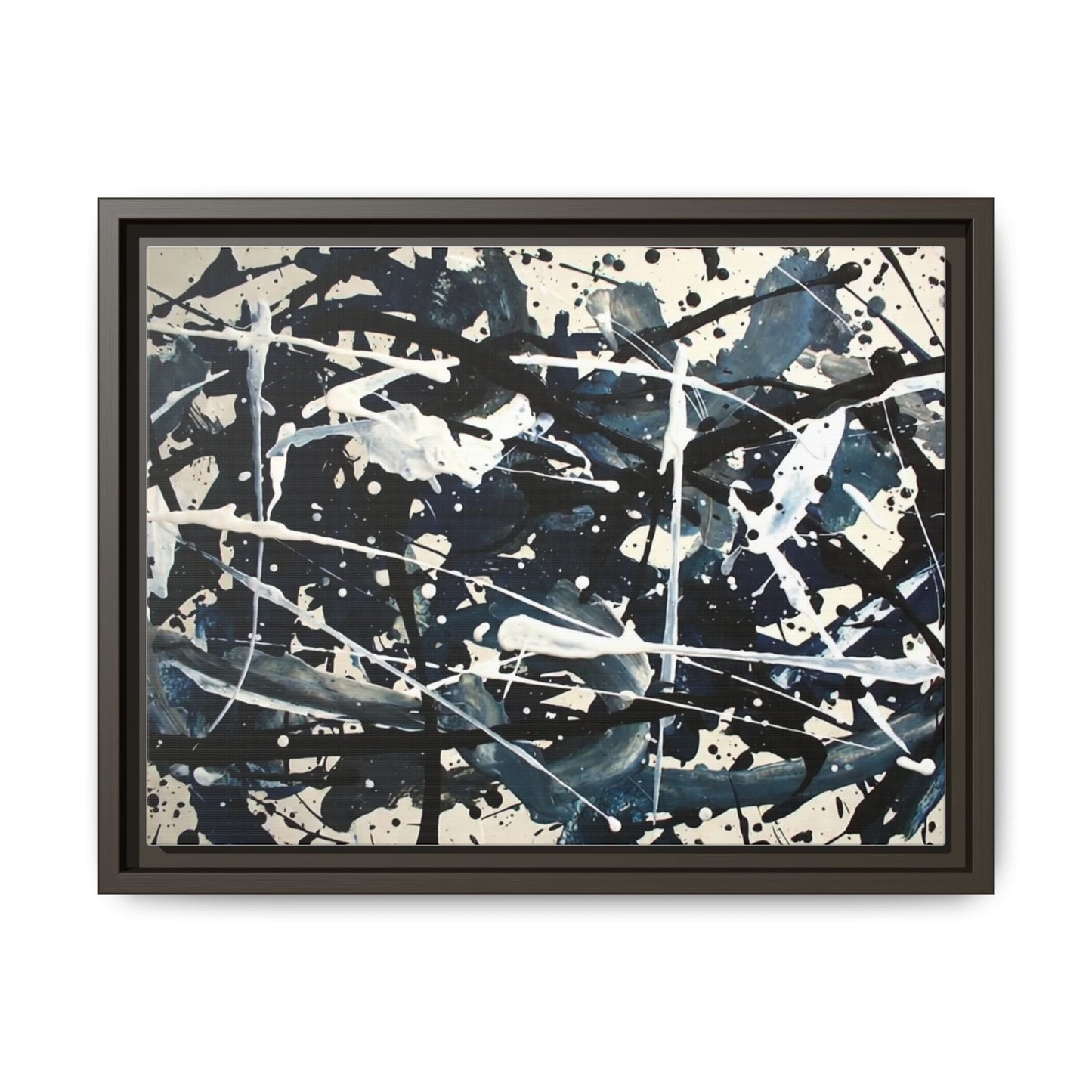 Abstract Splatter Matte Canvas Framed Wall Art — Black & Blue Modern Art Print
