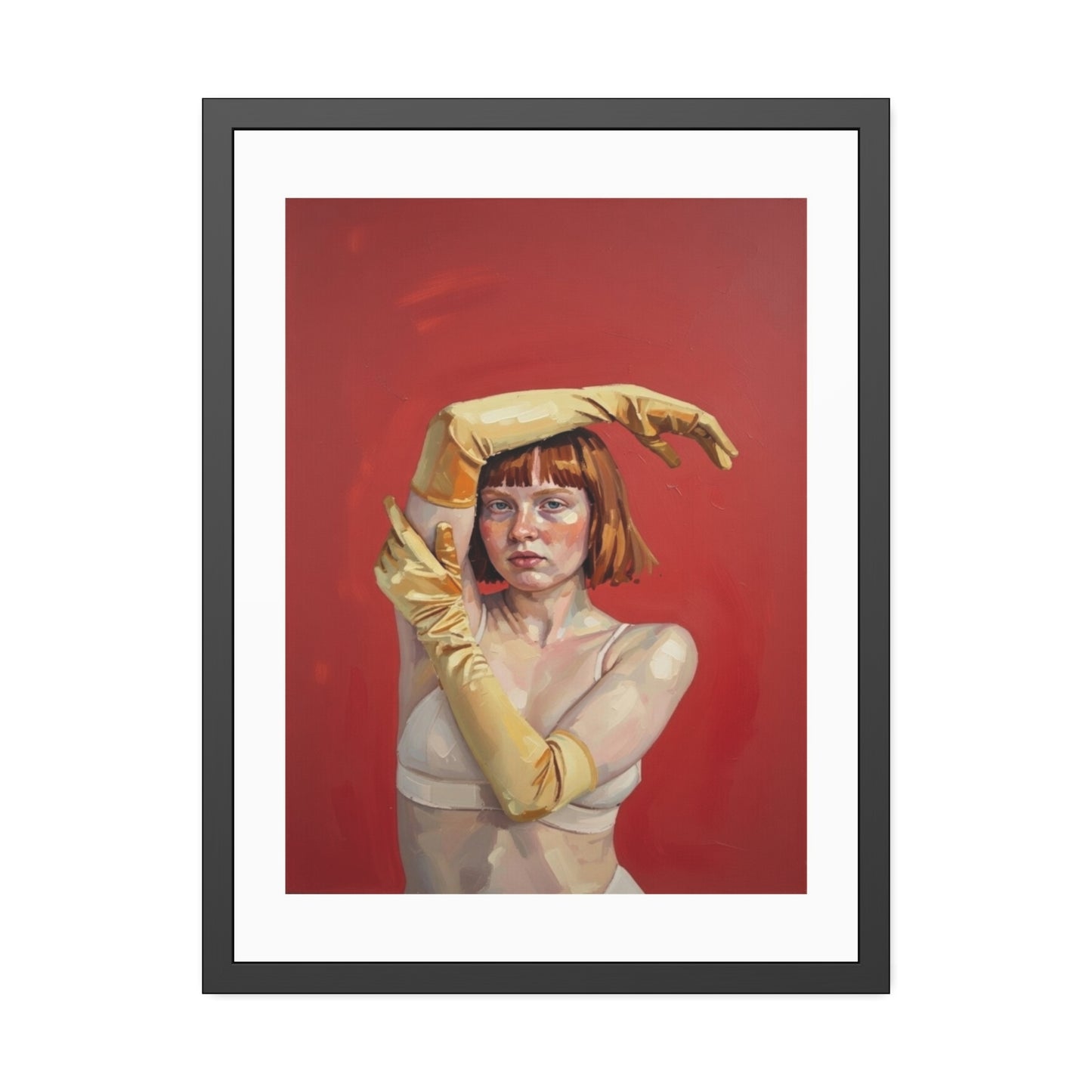Framed Art Print — Retro Portrait with Yellow Gloves on Red Background