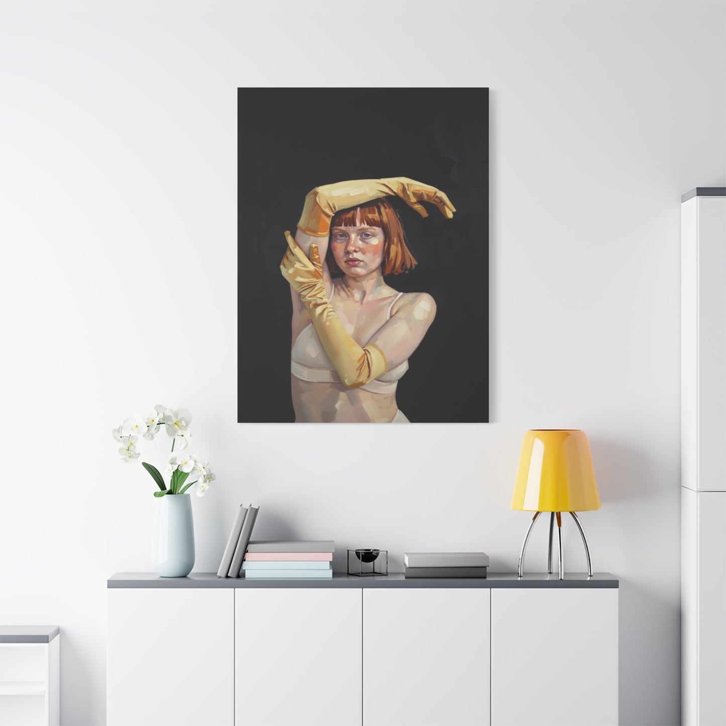 Contemporary Portrait Canvas — Redhead in Yellow Gloves Matte Stretched Art