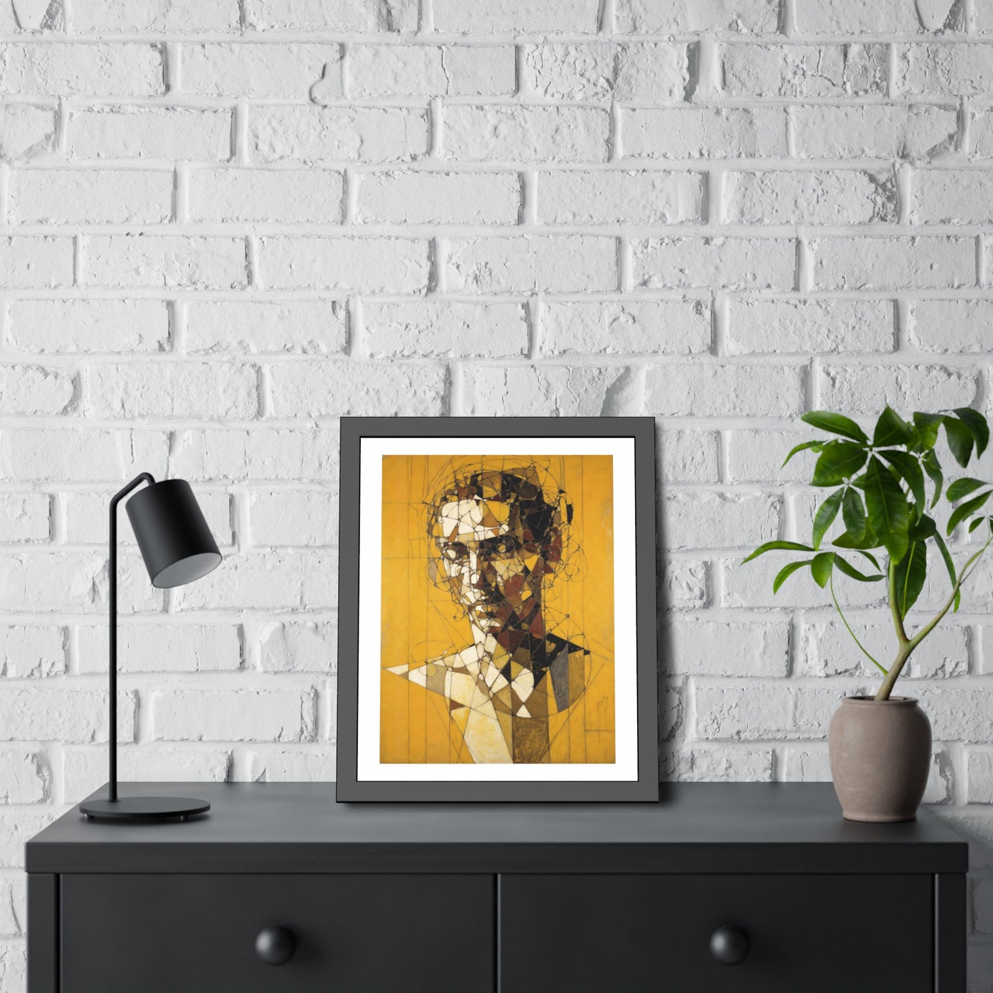 Framed Poster — Abstract Geometric Portrait on Mustard Yellow