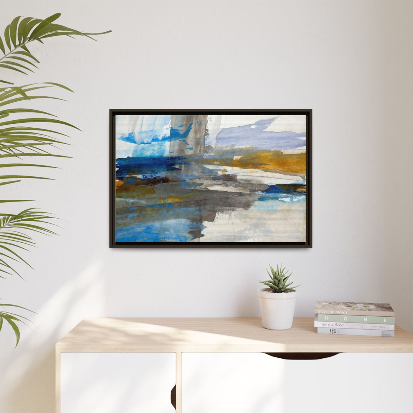 Abstract Blue & Gold Framed Canvas Art — Matte Multi-Color Wall Print