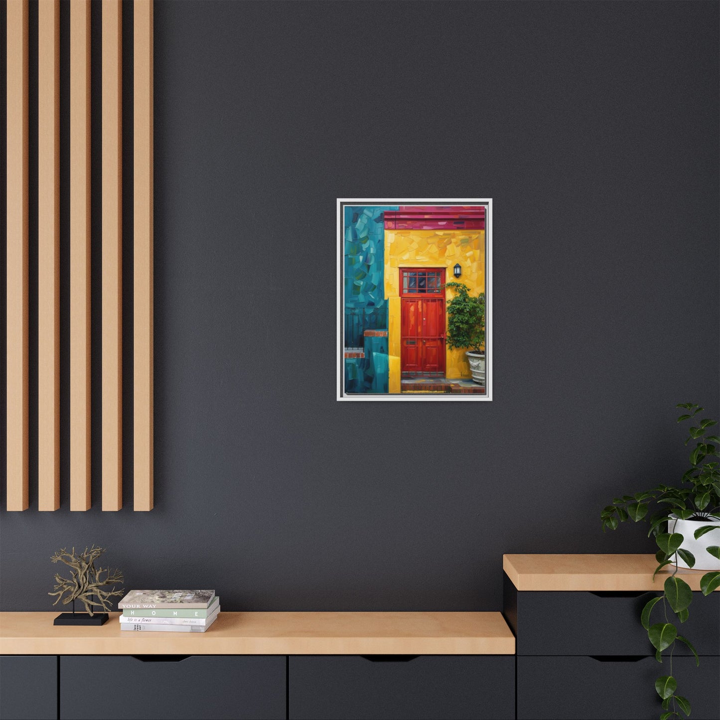 Framed Matte Canvas Wall Art — Colorful Red Door on Yellow Facade