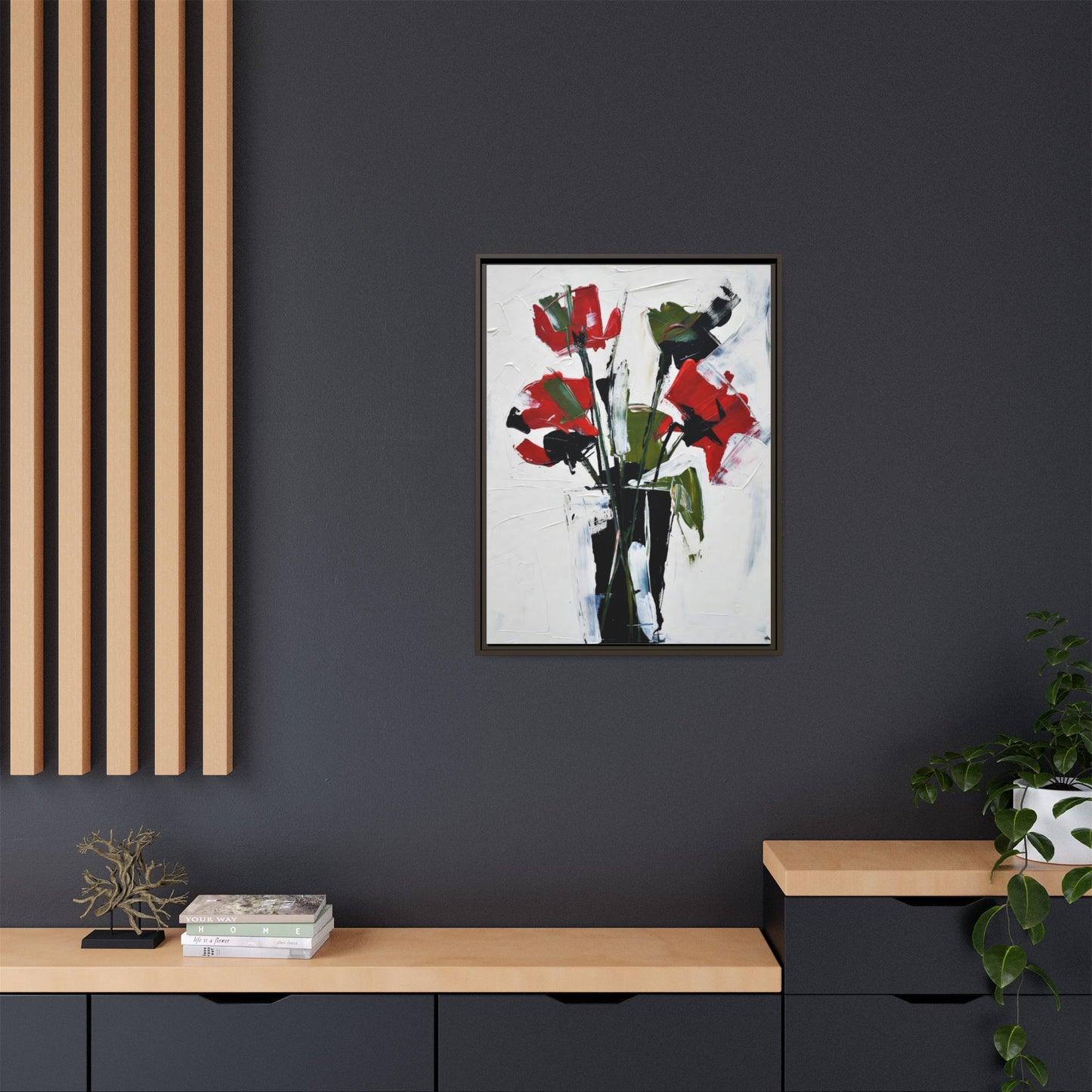 Framed Abstract Floral Canvas Print — Red Poppies in Black Vase