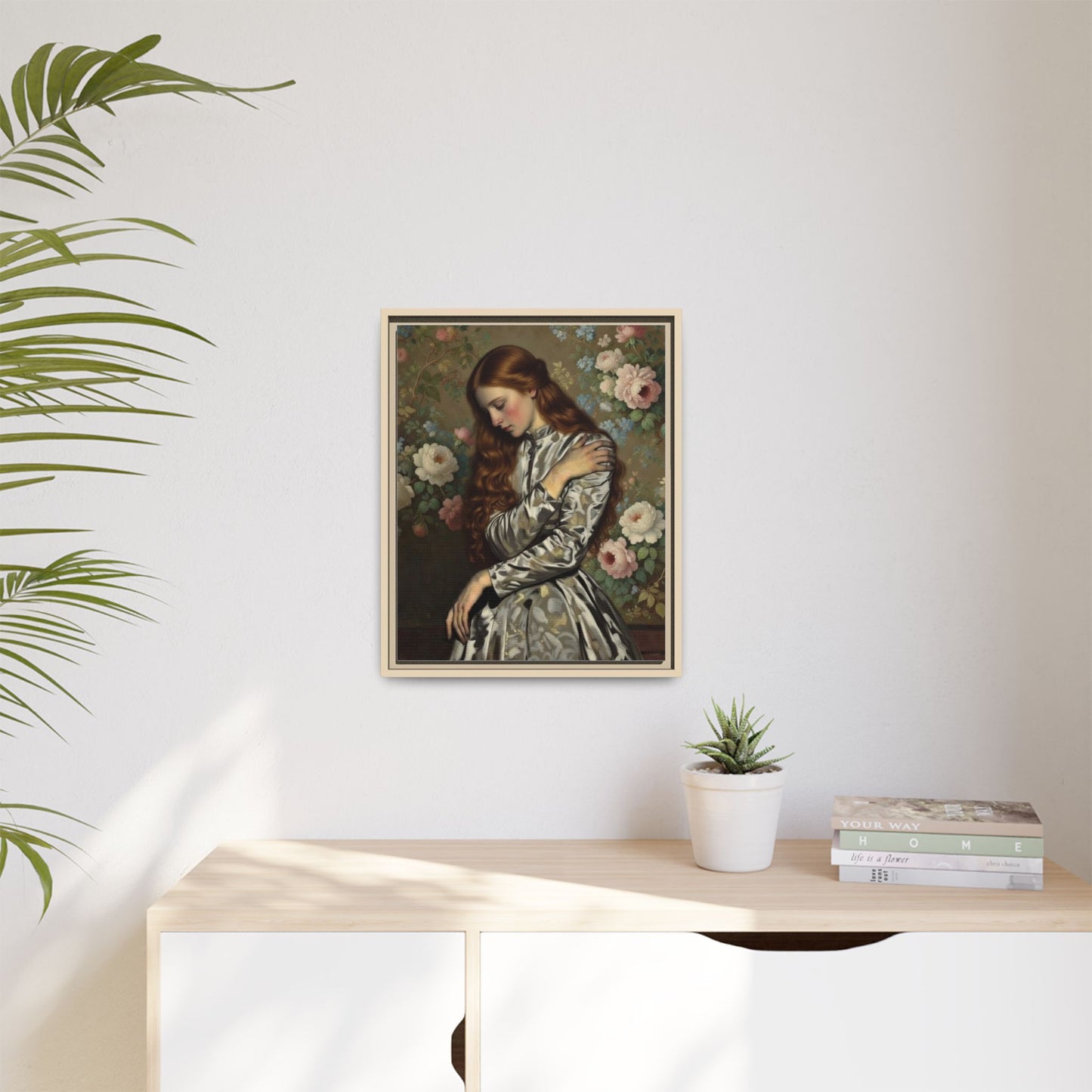Framed Matte Canvas Art — Vintage Floral Portrait of a Young Woman
