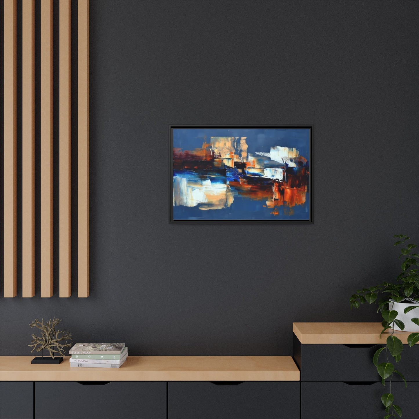 Abstract Blue & Rust Framed Canvas Art — Modern Matte Wall Painting