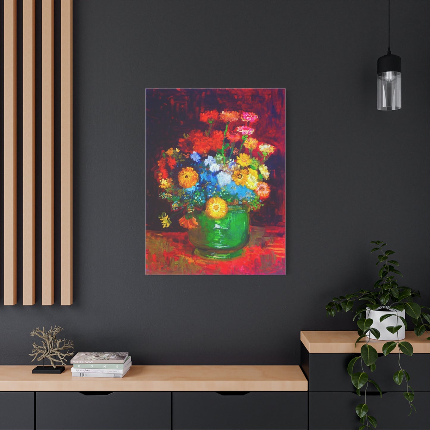 Floral Still Life Canvas Print — Vibrant Bouquet in Green Vase