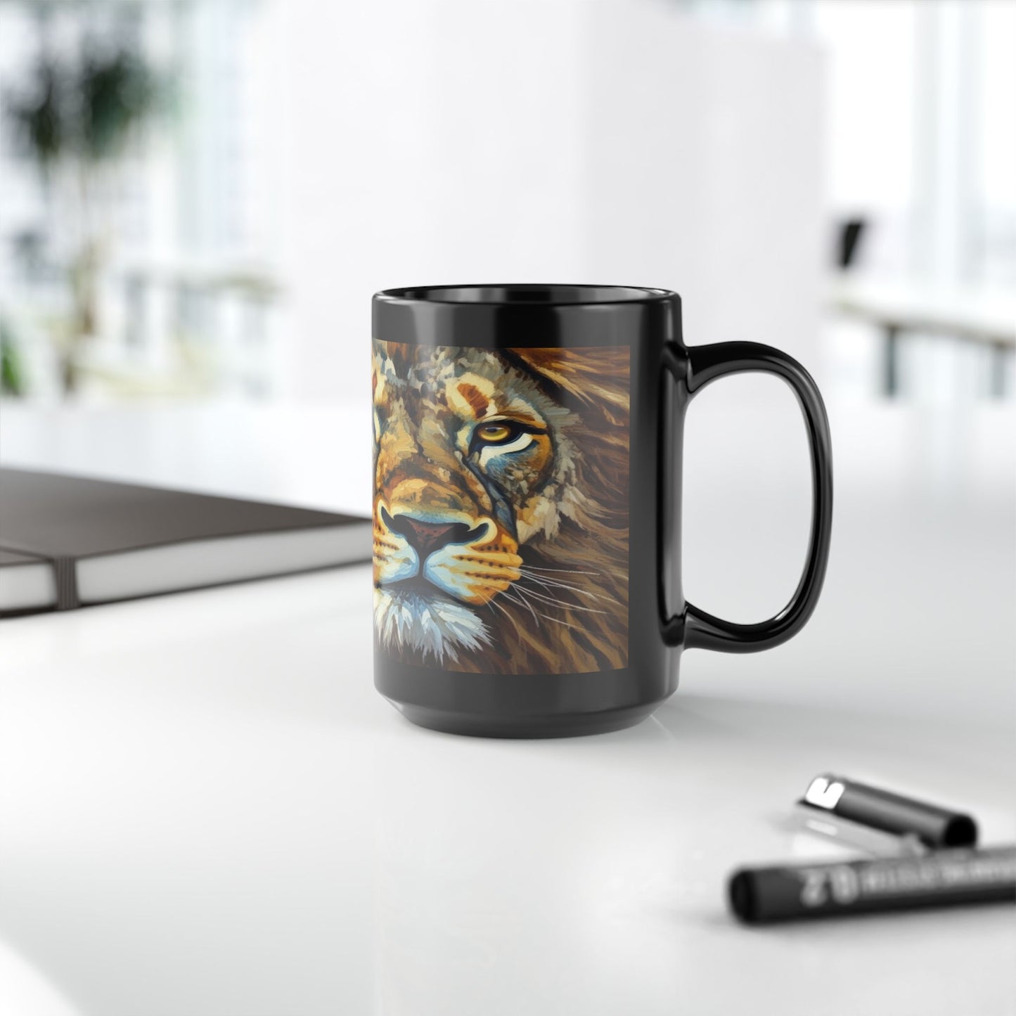 Lion Portrait Black Ceramic Mug — Majestic Wildlife Coffee Cup (11oz, 15oz)