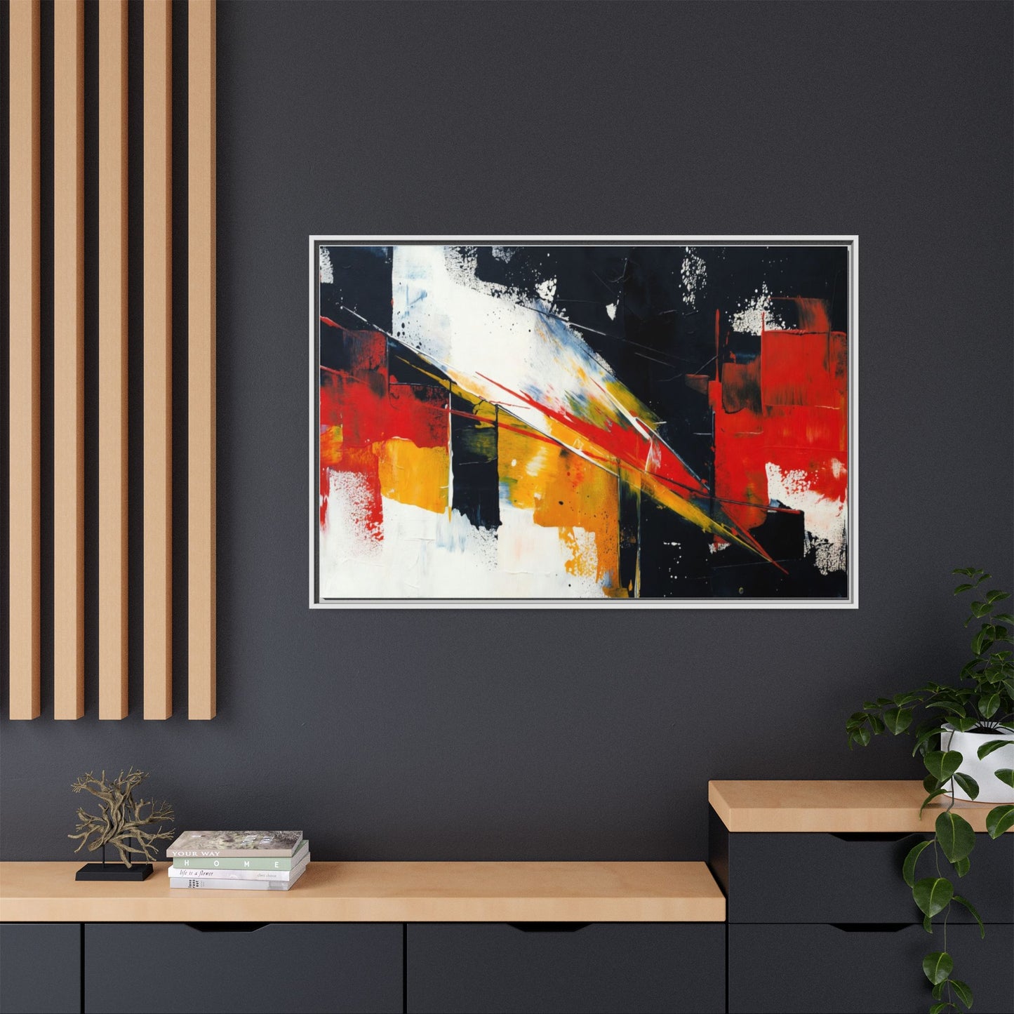 Abstract Red & Black Framed Canvas Print — Modern Geometric Wall Art